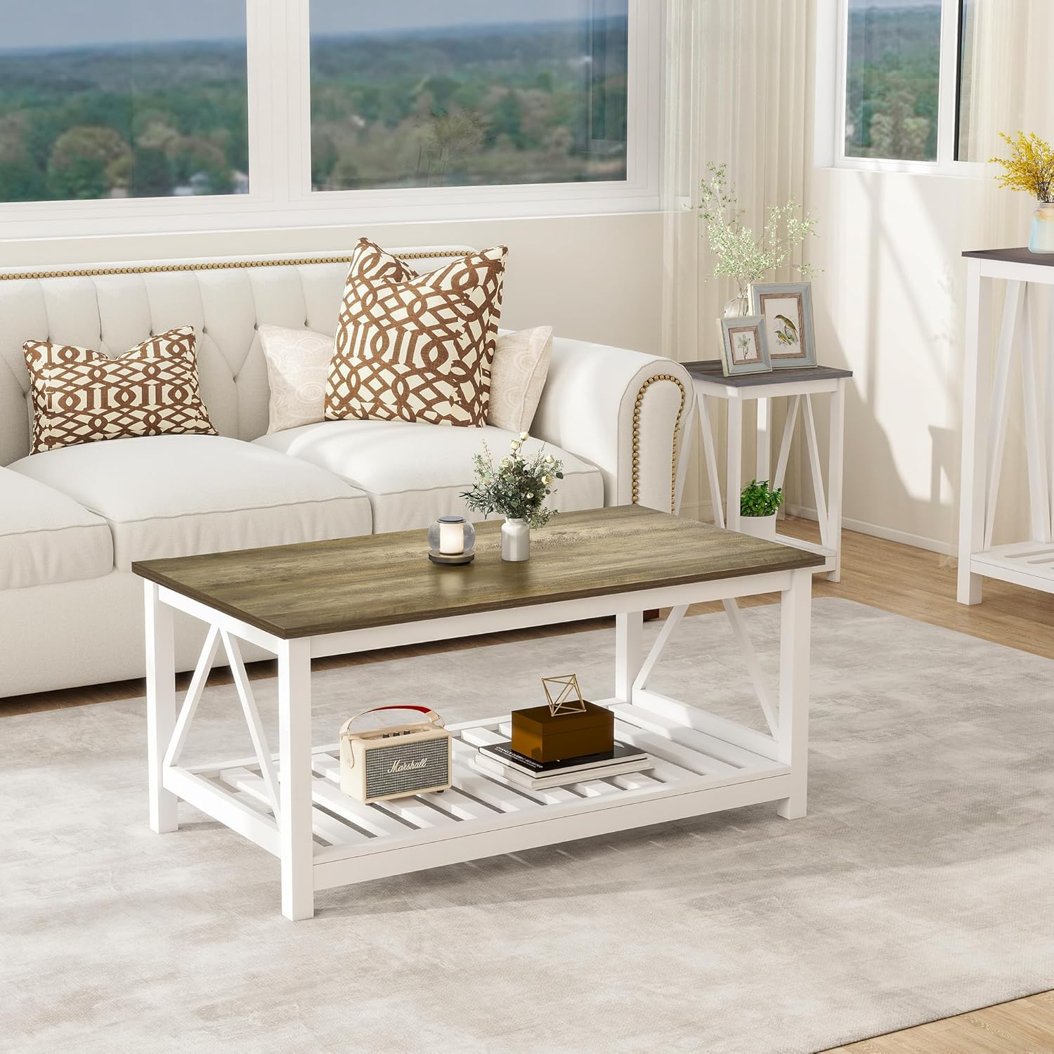 Farmhouse Coffee Table for Living Room, 2-Tier Rectangular Wooden Centre Cocktail Table with Slats Shelf Storage and V-Shaped Frame (Walnut Top)