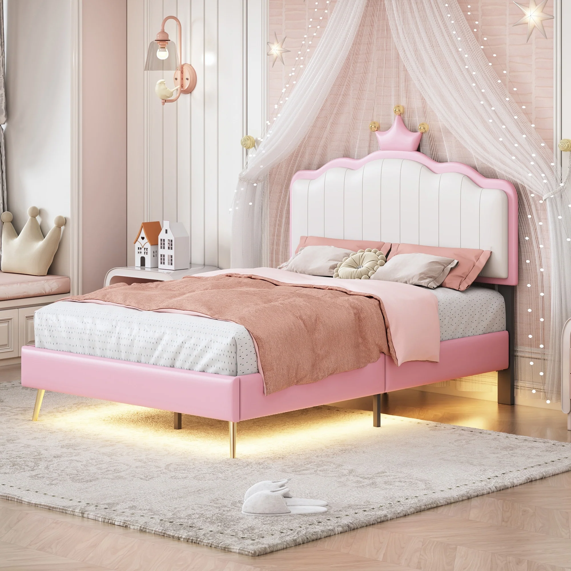 Twin Size Upholstered Princess Platform Bed with Crown Headboard and Light Strip