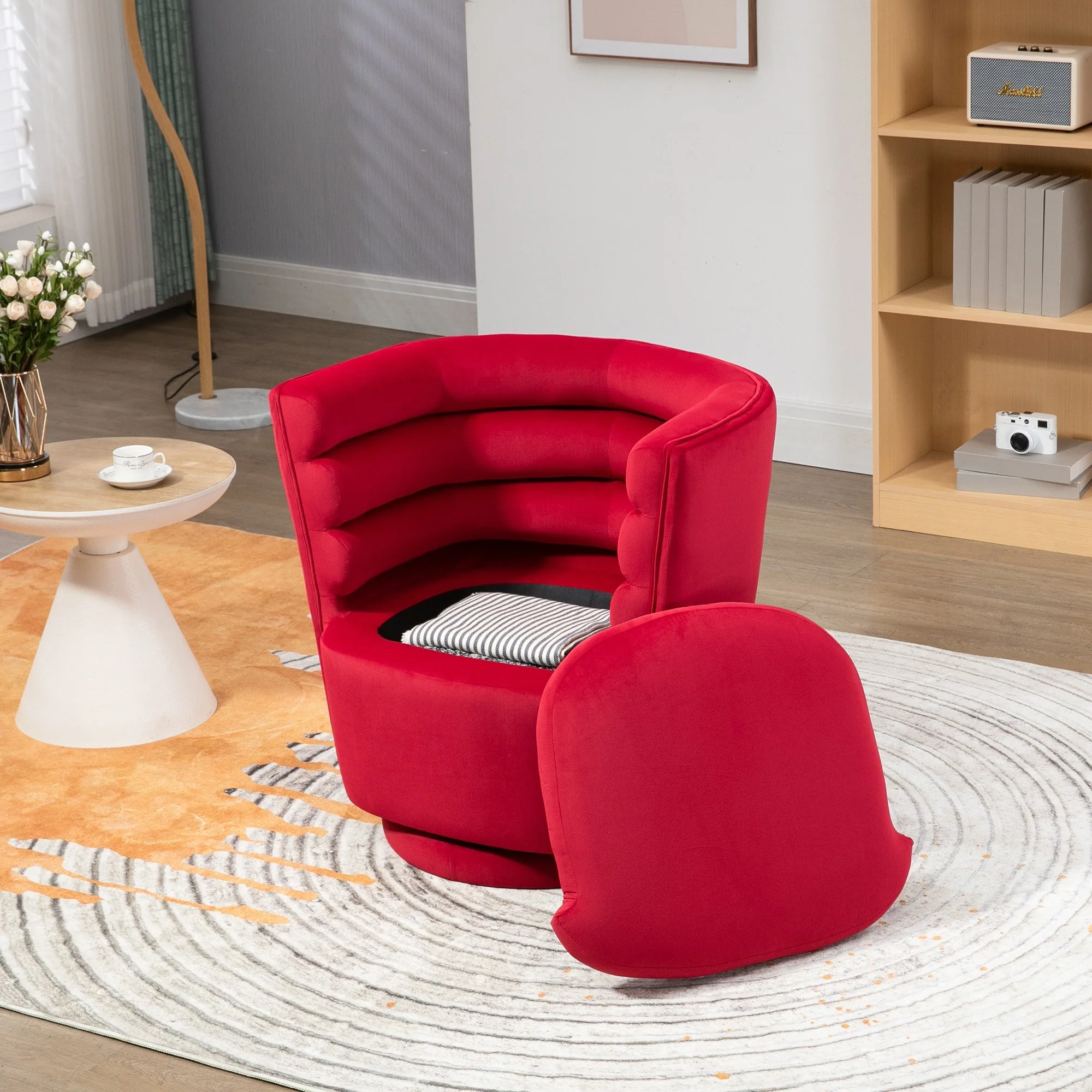 Velvet Upholstered 360 Degree Swivel Round Barrel Chair with storage for Living Room