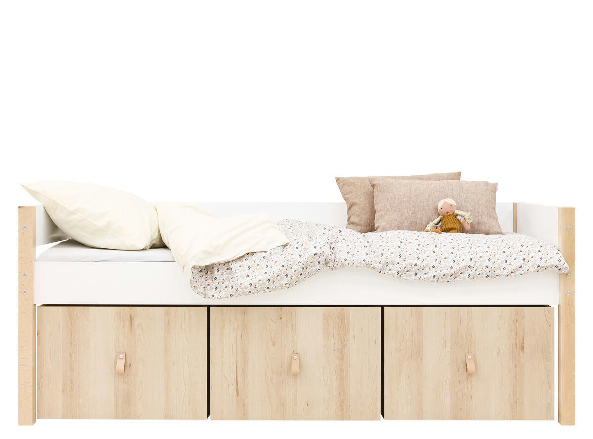 LUCAS - Lit compact 90x200 avec 3 bacs de rangement en MDF et hêtre blanc