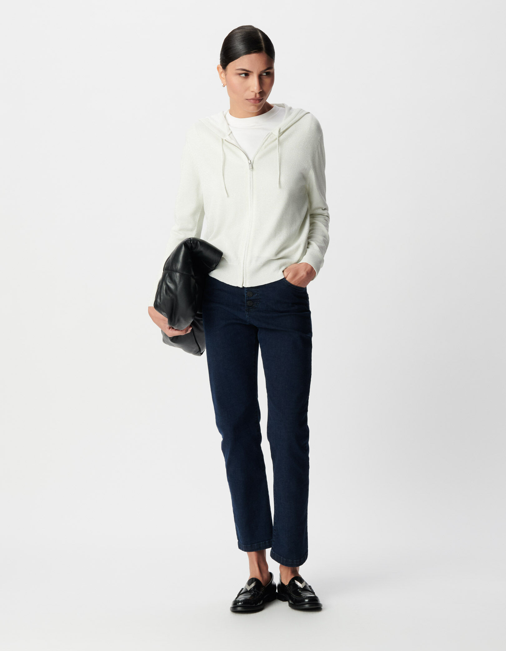 Cardigan blanc tricot pailleté motif chevrons ajouré dos Femme