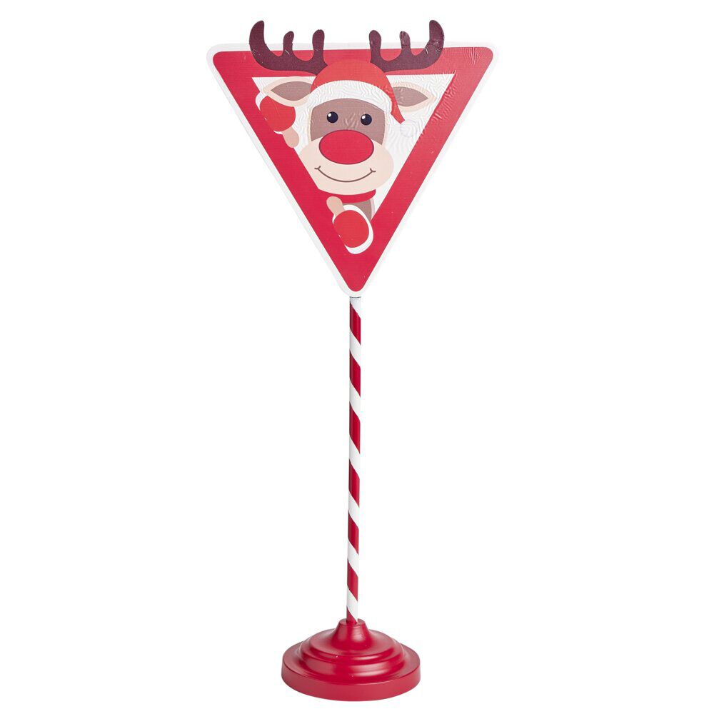 Pancarte de signalisation renne de No&euml;l métal rouge et blanc H59cm