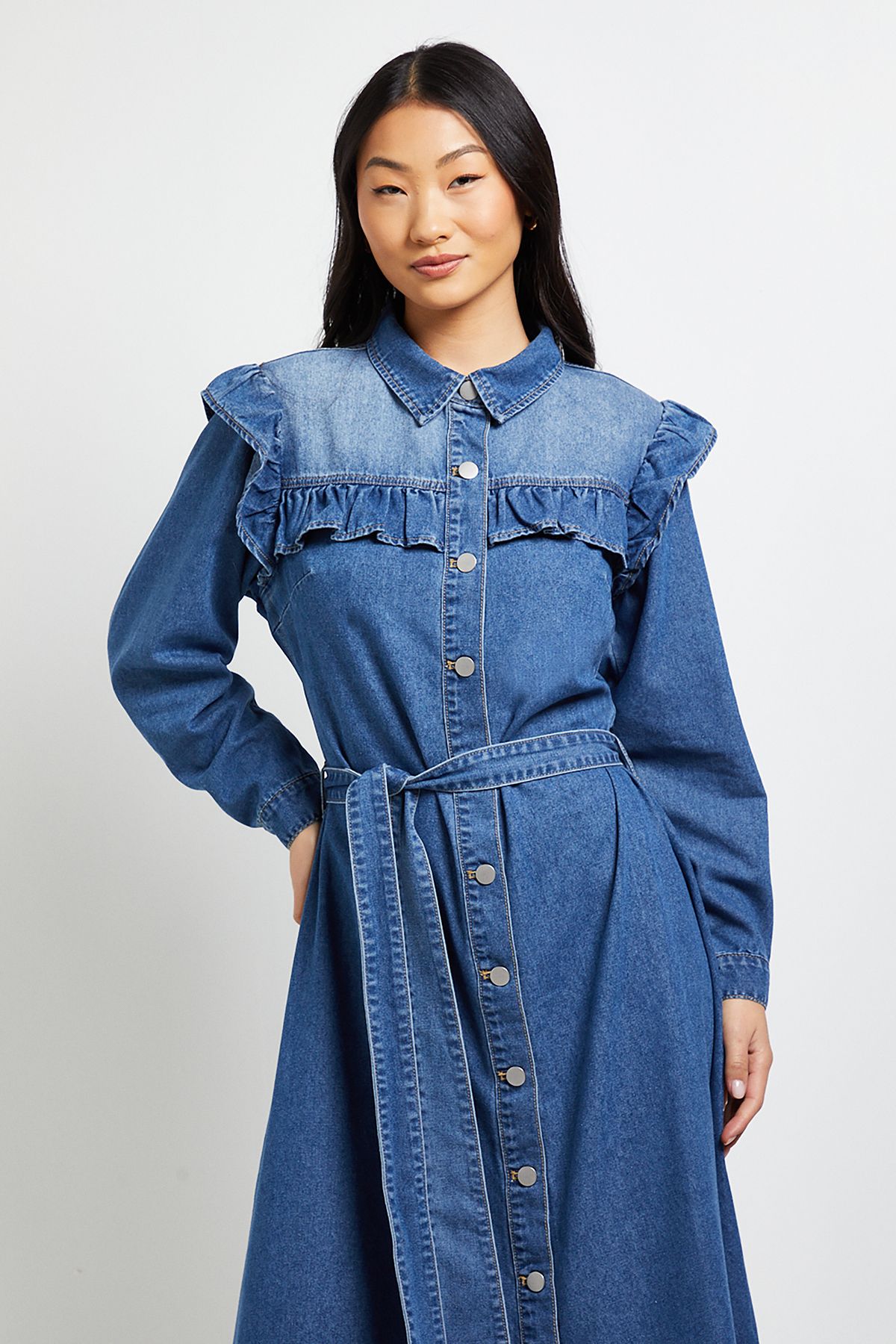 Dorothy Perkins Petite Frill Yoke Denim Dress