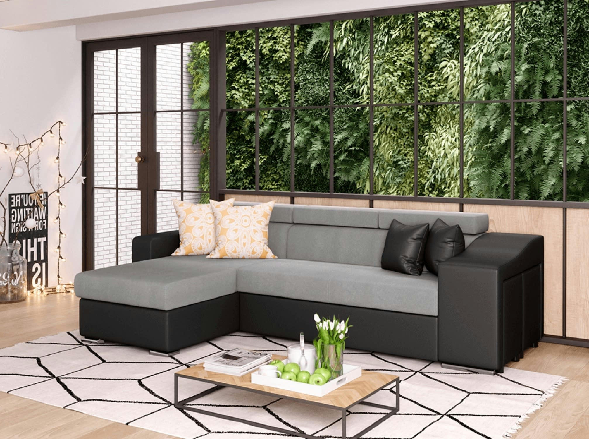 ELONA - Canapé d'angle convertible noir/gris avec niche de rangement droite