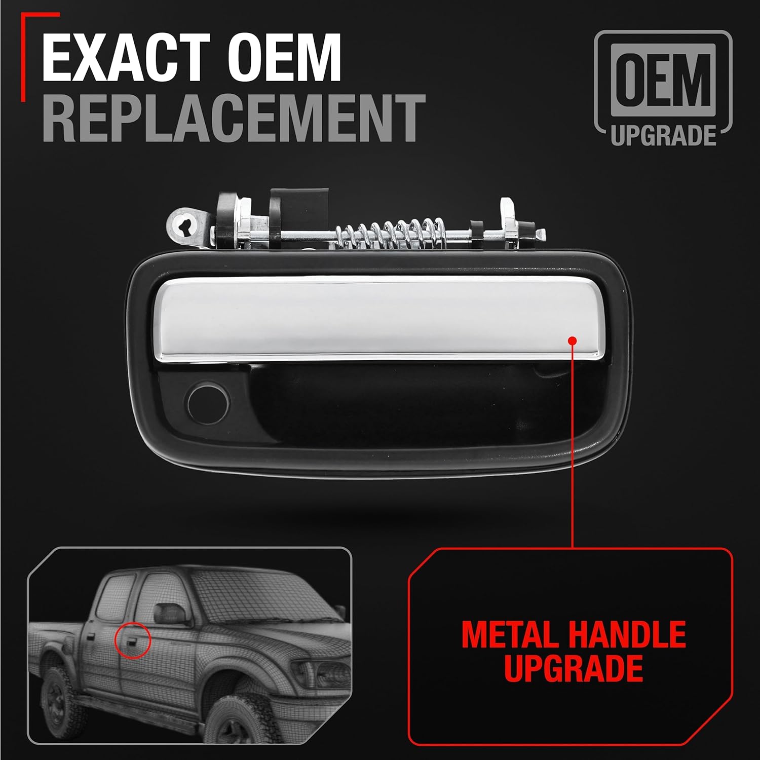 Exterior Front Passenger Door Handle Replacement, Upgraded Metal & Plastic Housing - Compatible with 1995-2004 Toyota Tacoma - Chrome Handle, Black Housing w/Keyhole - OEM 69210-35030