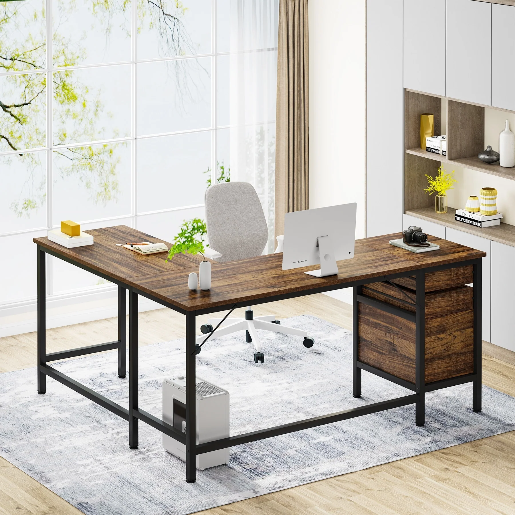 59 Inch L-Shaped Computer Desk with Drawers, Corner Desk with File Cabinet for Home Office