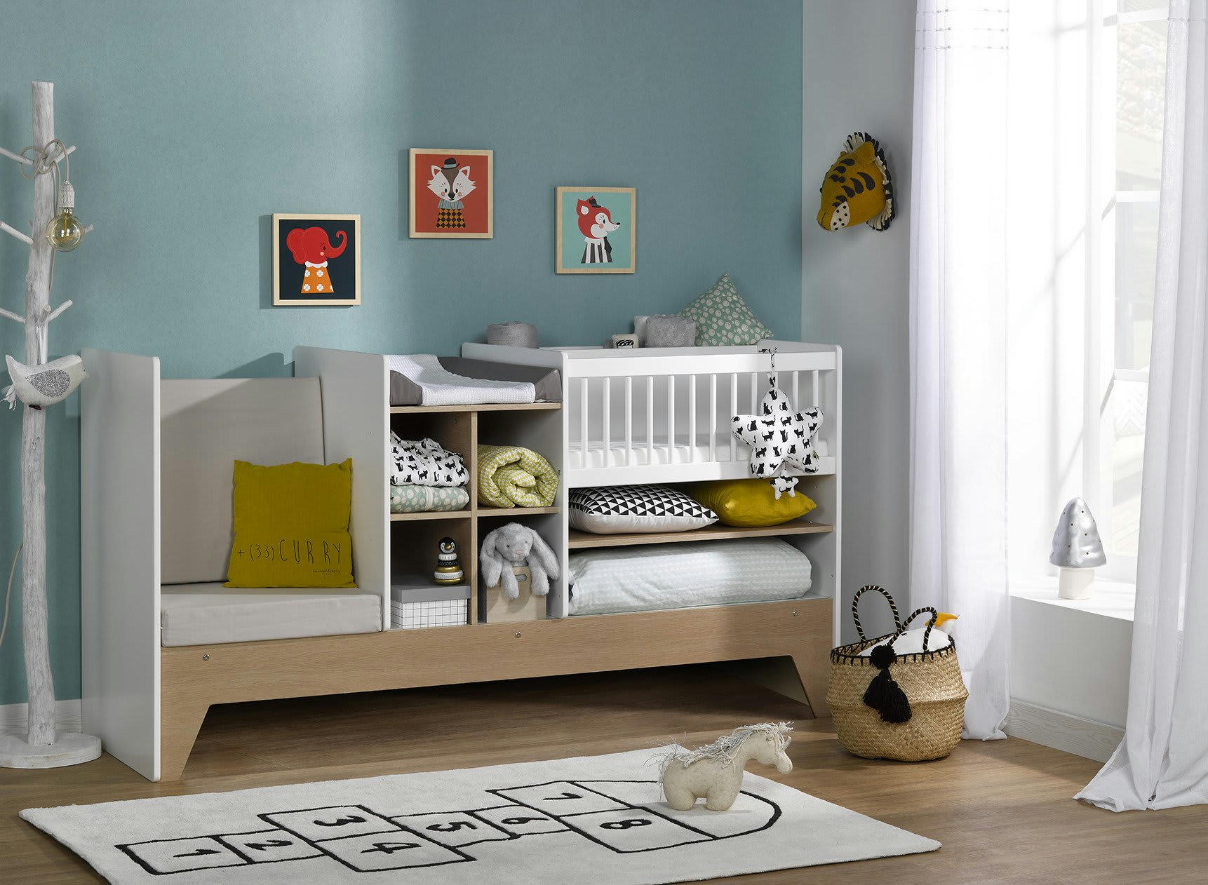 PALME - Lit bébé évolutif 3 en 1 Blanc et Chêne