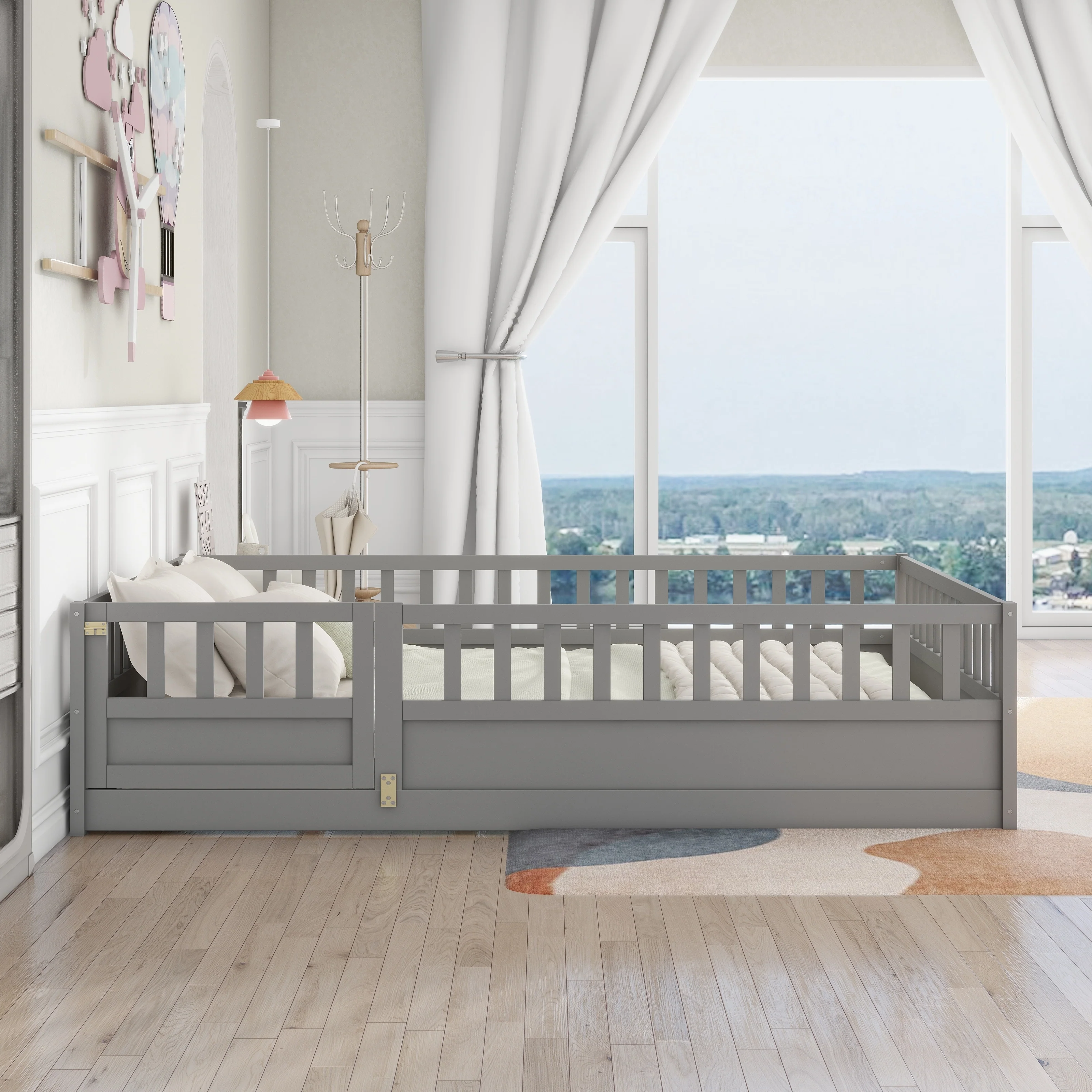 Full Size Pine French Bed with High Fence Design for Kids