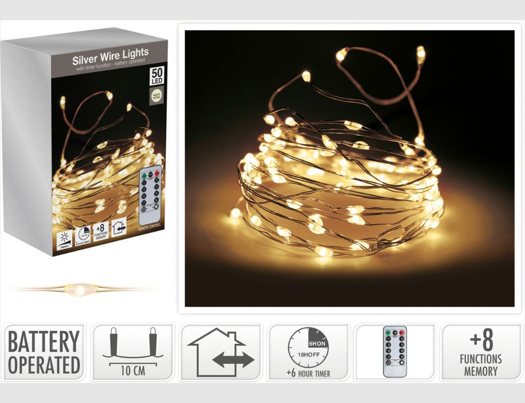LED-Drahtlichterkette 50 LEDs warmweiß mit Fernbedienung und Timer