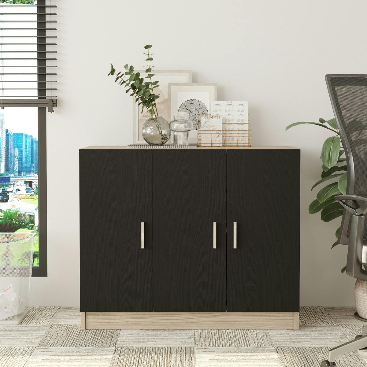 Meuble de rangement bureau 3 portes décor bois et noir MARFA