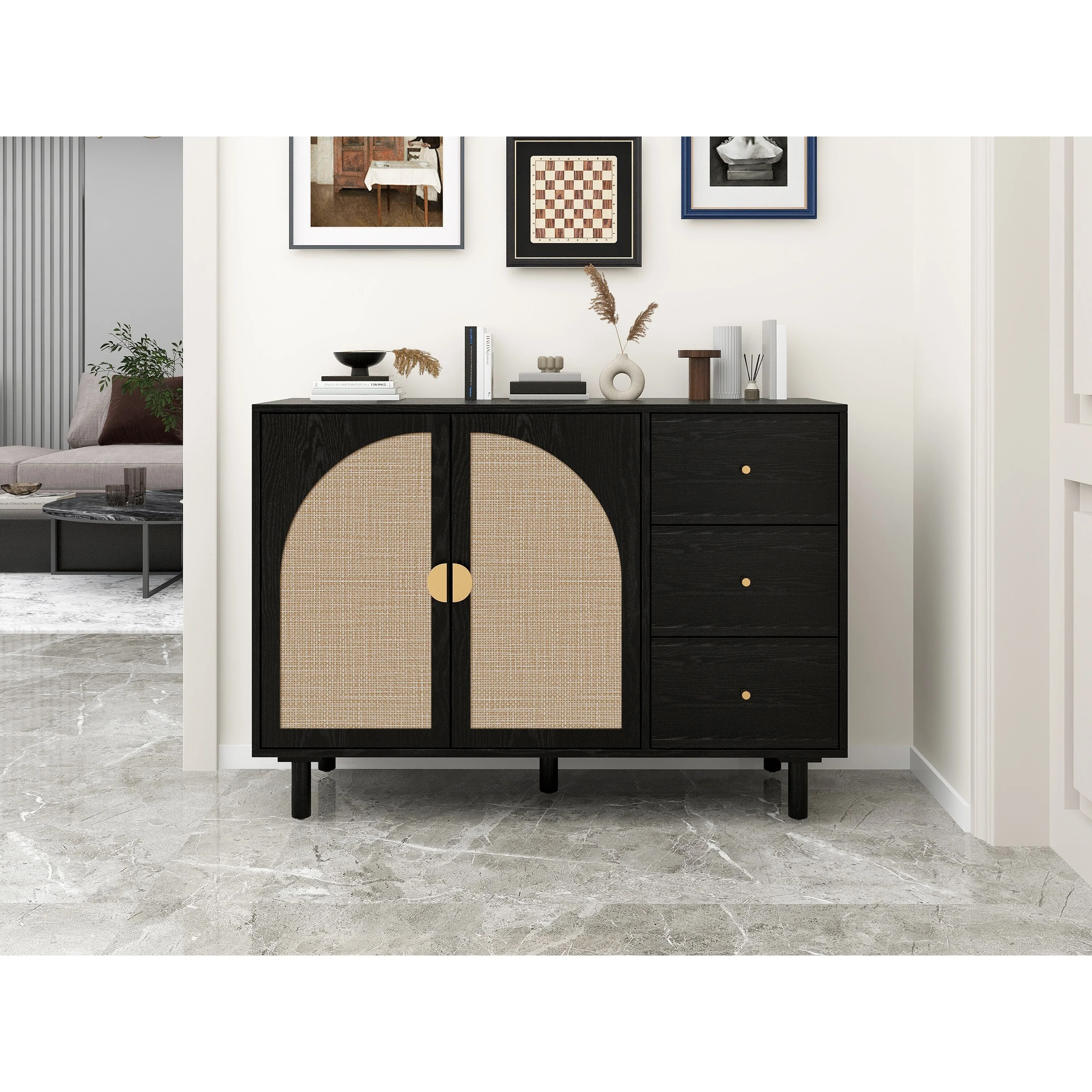 2-Door 3-Drawer Engineered Rattan Cabinet
