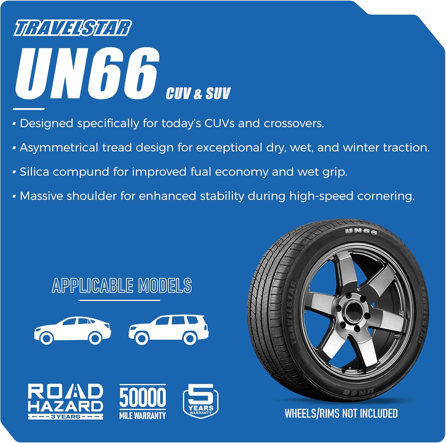 Set of 4 (Four) Travelstar UN66 255/50R20 105H All-Season High Performance CUV/SUV Tires 255/50/20 - Includes Three-Year Road Hazard Warranty UTQG 520AA (Tire Only)