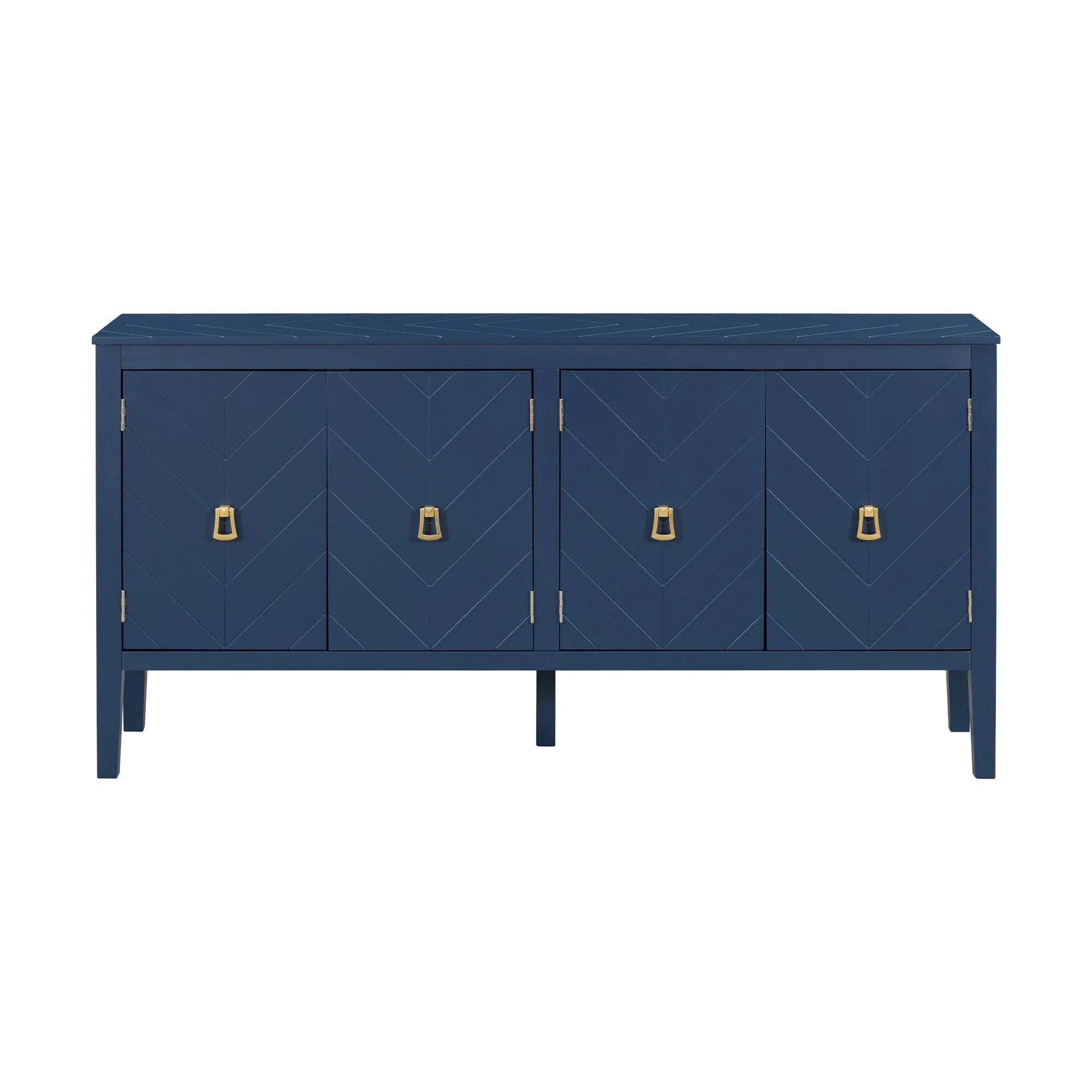 Roomfitters Four-Door Sideboard with Geometric Line Patterns and Vintage Metal Handles, Elegant Storage Solution