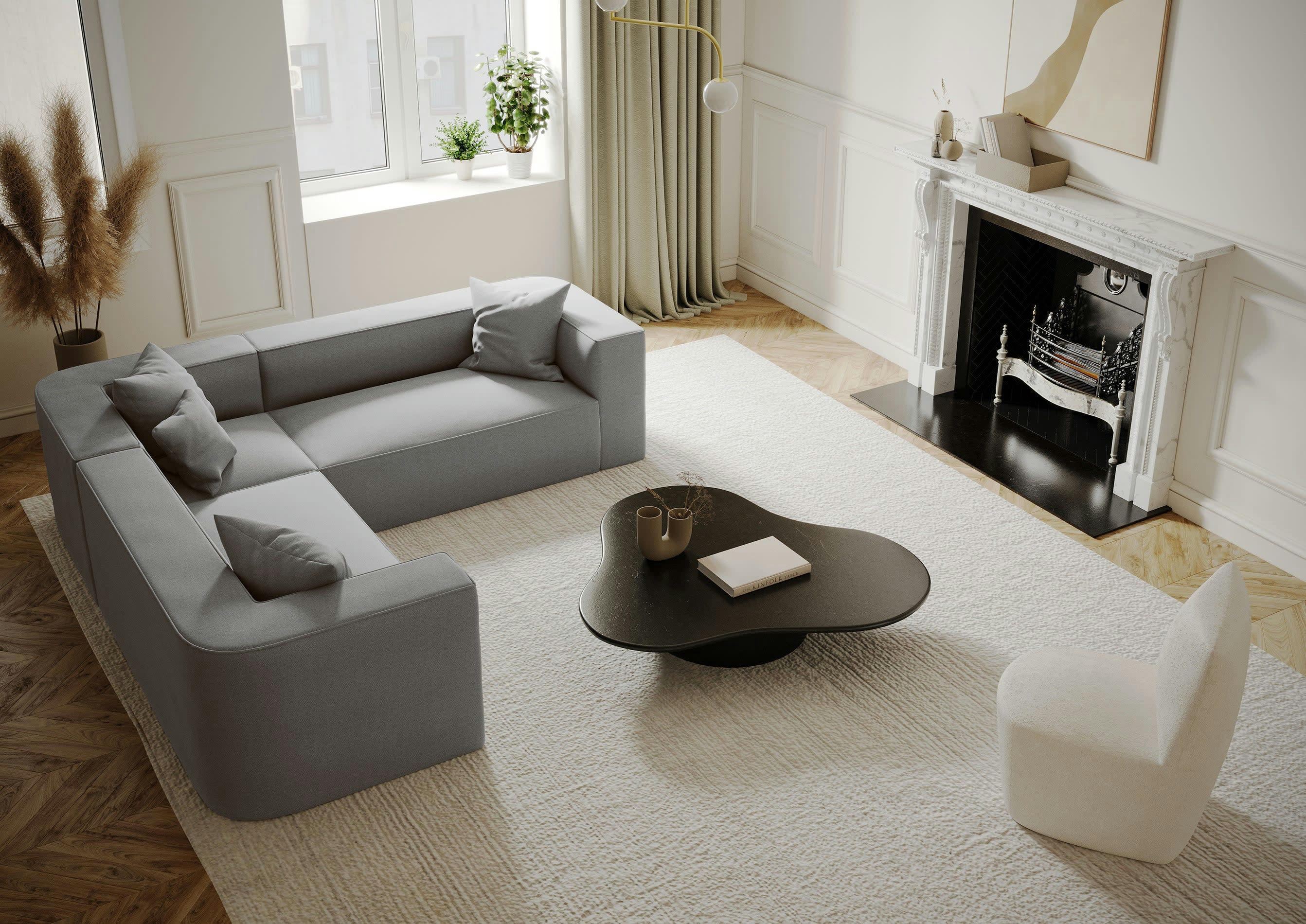 ALMA - Canapé d'angle symétrique tissu tramé gris béton