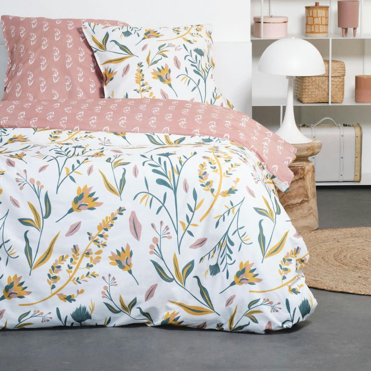 SUNSHINE FLORA - Parure de lit 2 personnes imprimé en coton rose 220x240
