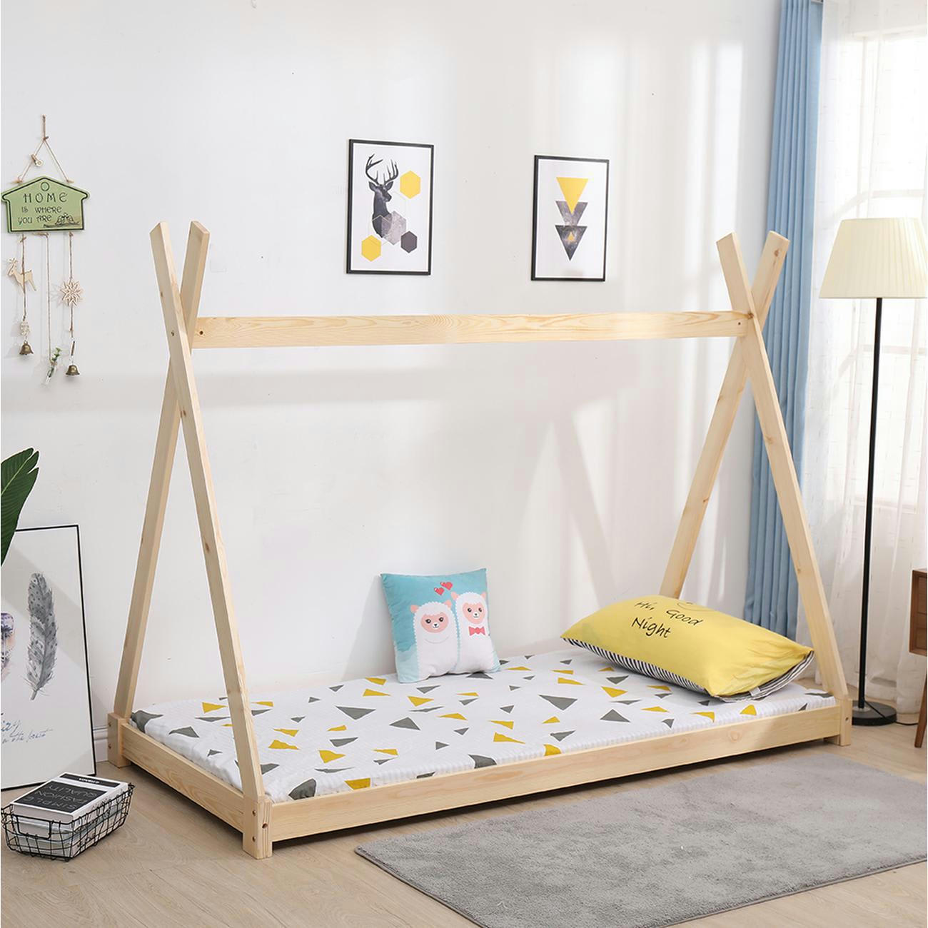 TIPI - Lit enfant cabane beige pin naturel sommier 190x90cm