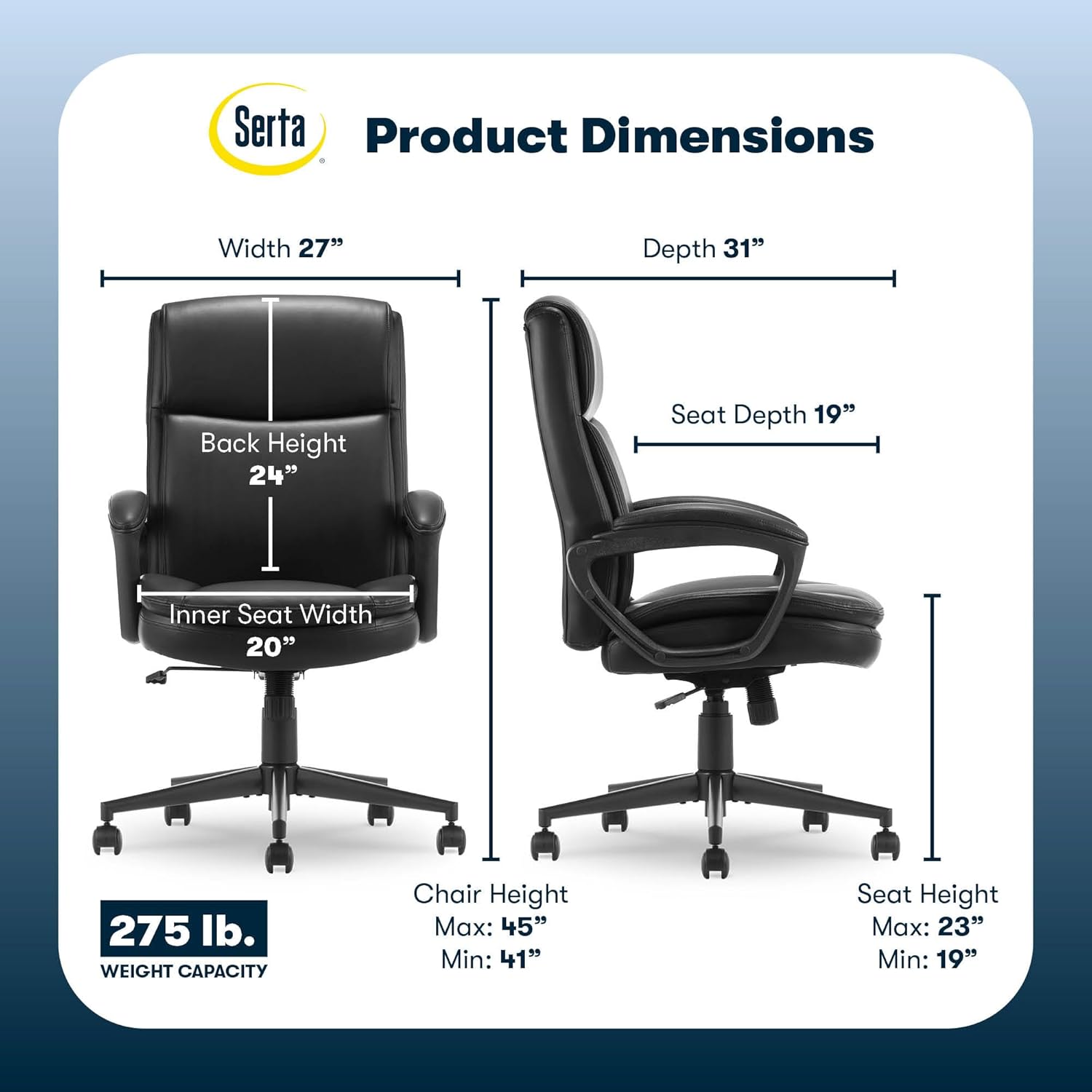 Serta Comfort Ergo Executive Office Chair, Ergonomic Mid-Back Design with Lumbar Support, Semi-Plush Double-Layer Seat Cushion, Padded Armrests, Swivel Metal Base, Bonded Leather, Black