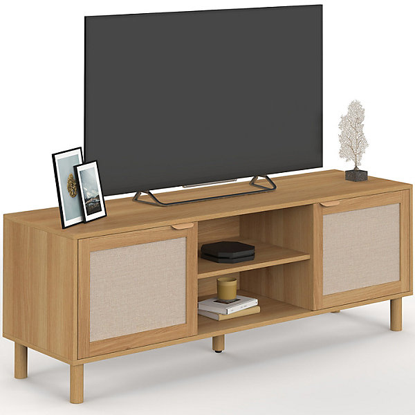 Meuble TV 140 cm ROBIN 2 portes bois et effet lin