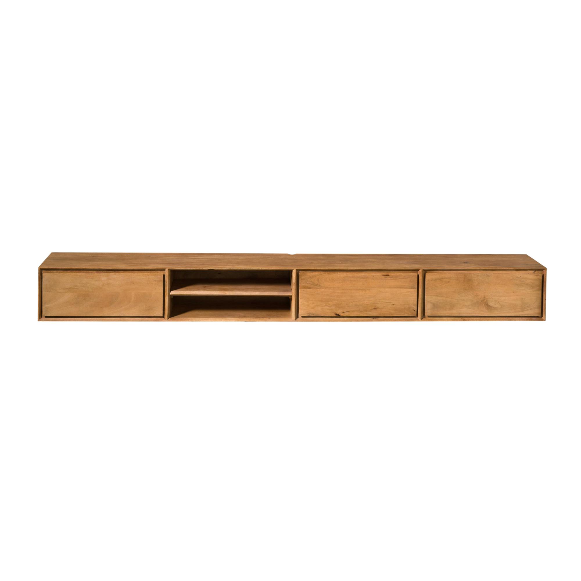 Long meuble TV suspendu bois 3 tiroirs 1 niche 280 cm AERA