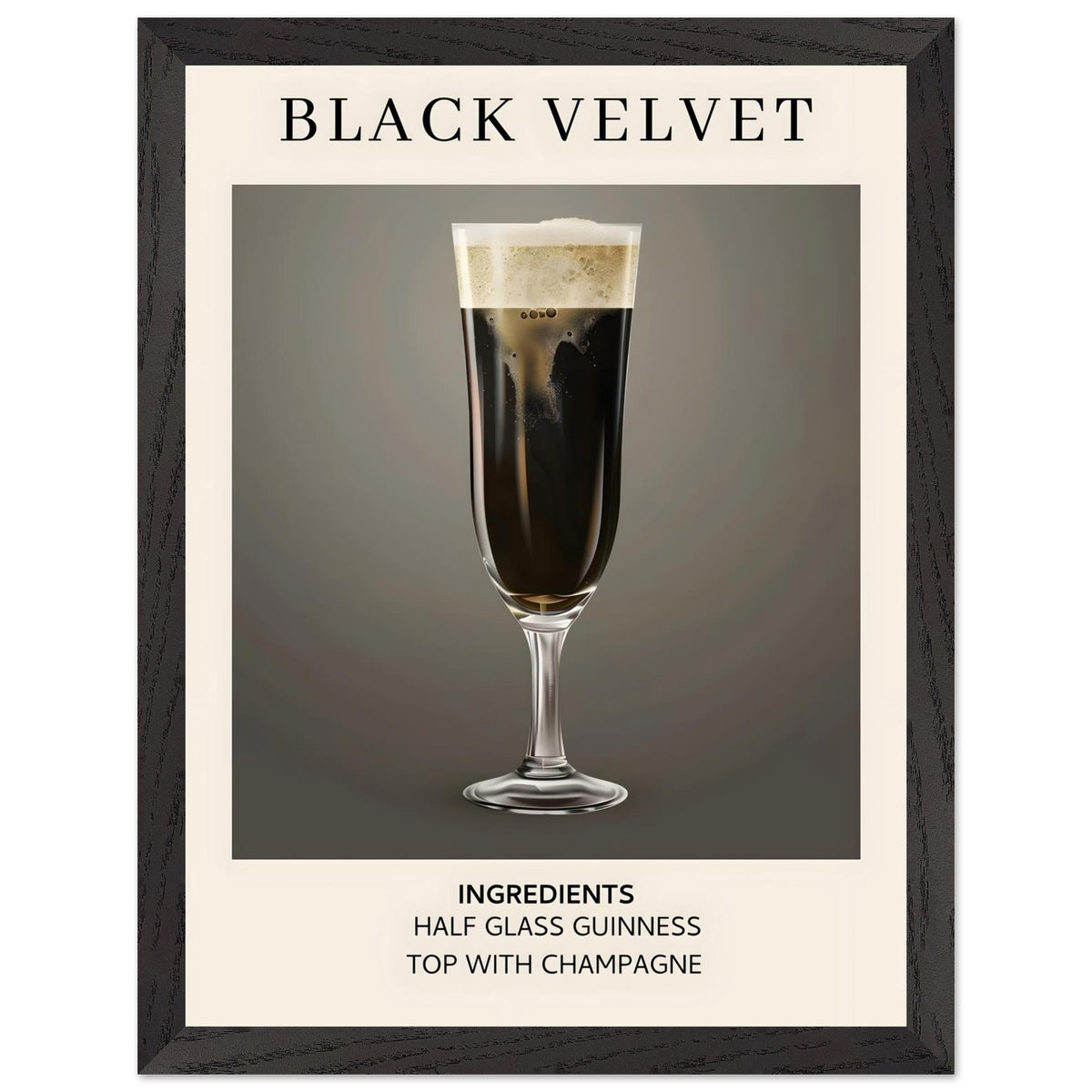 Artfulprints Poster met Lijst Black Velvet cocktail - Ingrediënten  - 30x40 cm - Zwart / Wit
