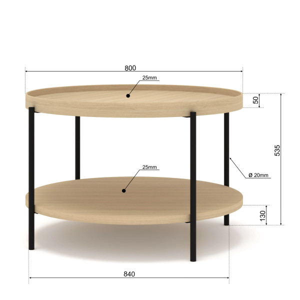 Stolik kawowy PUFFIN 84 cm dąb naturalny fornir lakierowany metalowe nóżki