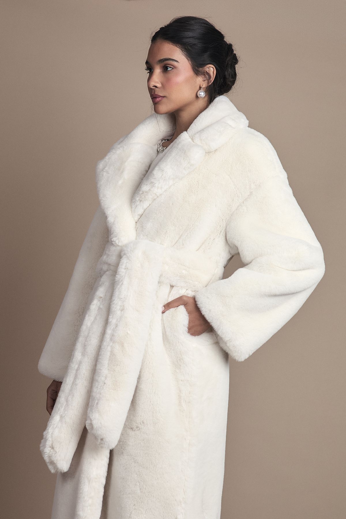 Coast Ivory Occasion Belted Longline Faux Fur Coat