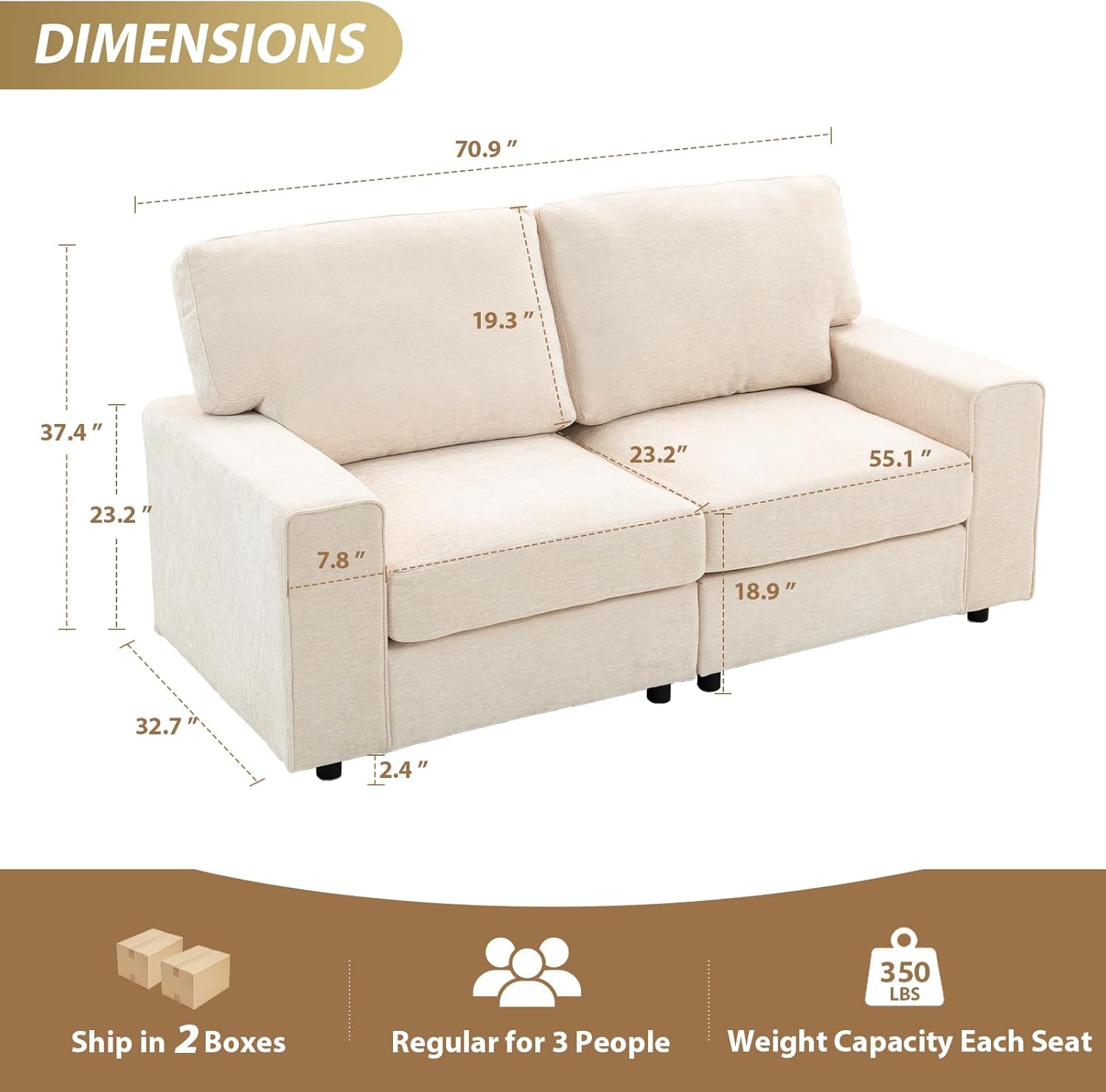 71 Modular Sofa Couch, Comfy Chenille Loveseat Sofa, Modern Recliner Couch with Deep Seats and Wide Armrests for Living Room(Beige)