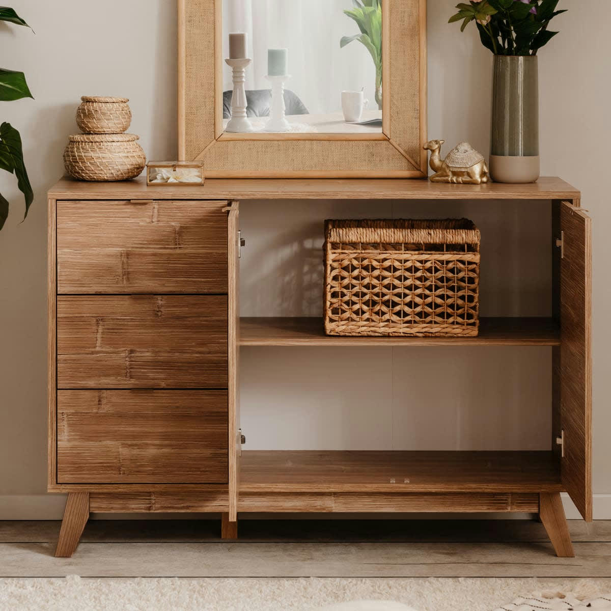 ROMI - Buffet 2 portes 3 tiroirs effet bambou 120 cm