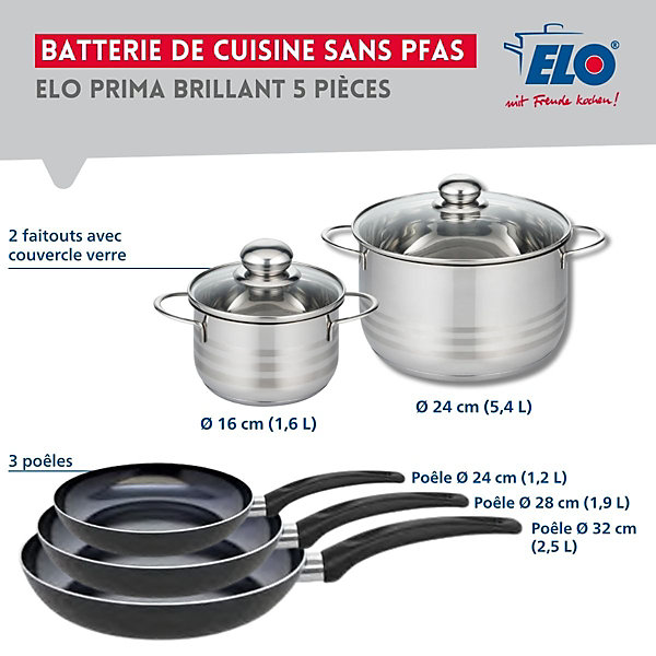 Ensemble de 3 Poêles de cuisson 24, 28 et 32 cm et 2 faitouts 16 et 24 cm Elo Prima Brillant