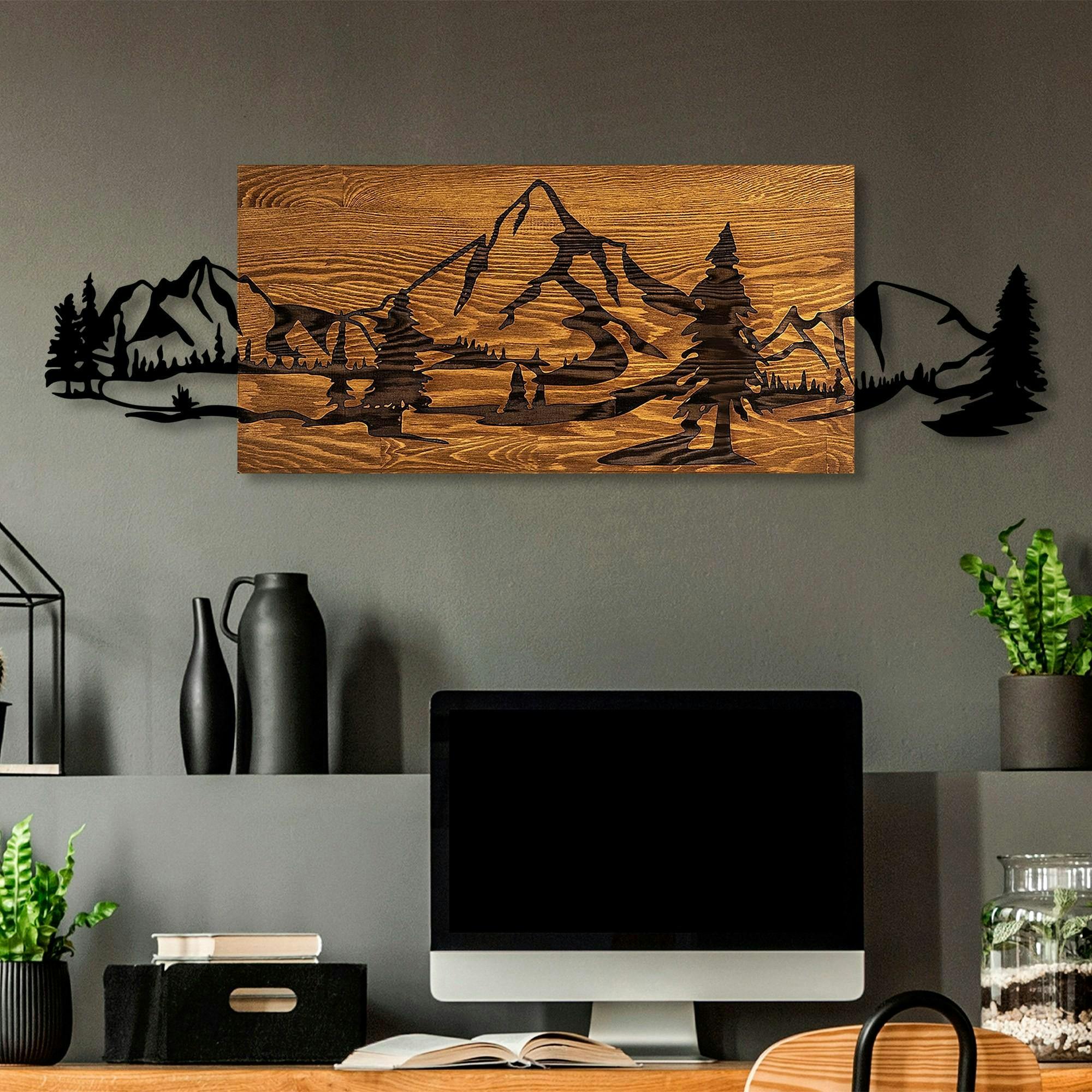 Décoration murale en métal et bois – paysage de montagne