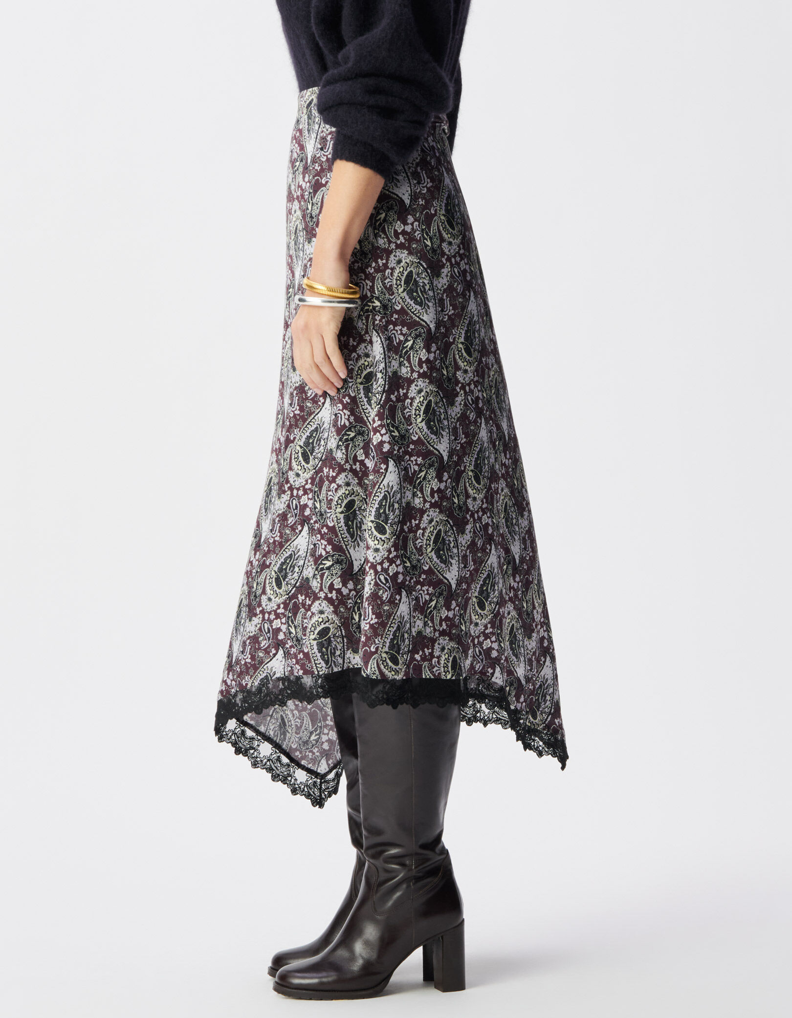 Jupe longue asymétrique cassis motif cachemire Femme