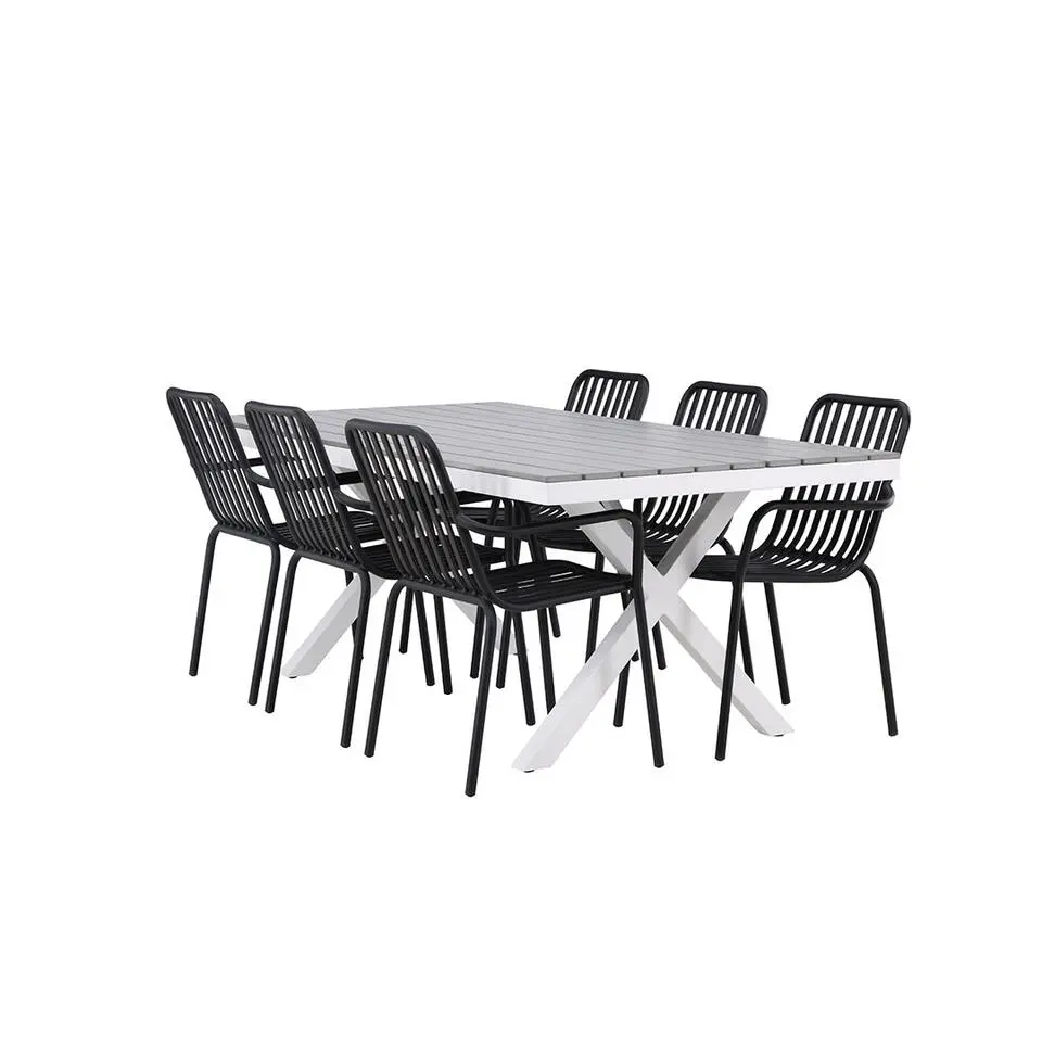 Hioshop Garcia tuinmeubelset tafel 100x200cm grijs- 6 stoelen zwart