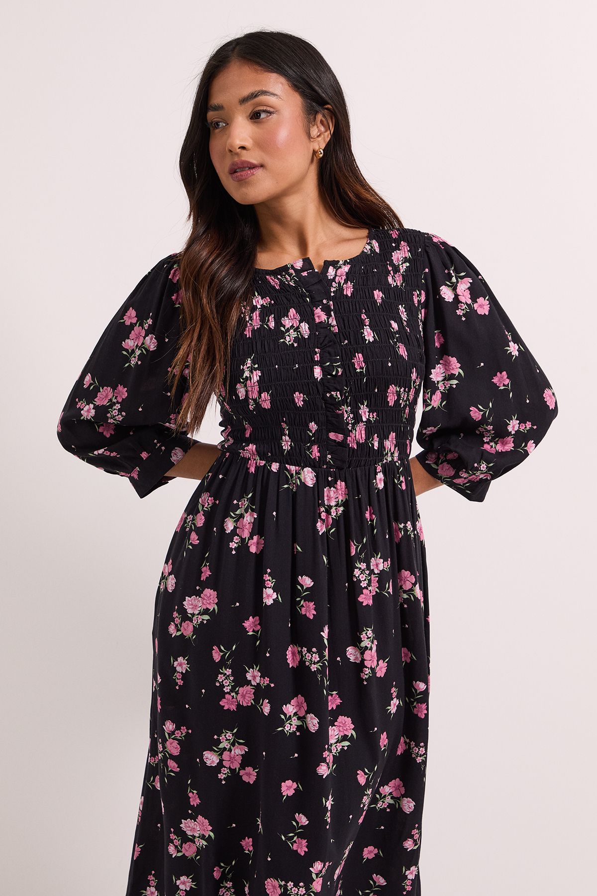 Dorothy Perkins Pink Floral Petite Shirred Bodice Button Detail Midi Dress