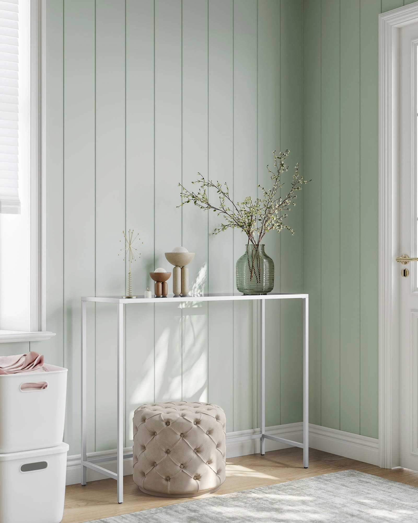 - Table console style moderne verre acier gris blanc