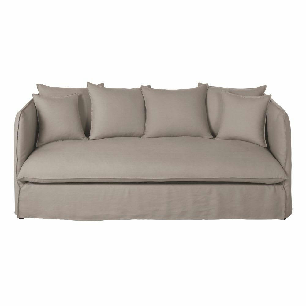 Louvain - Housse de canapé convertible 3/4 places en lin supérieur beige ficelle