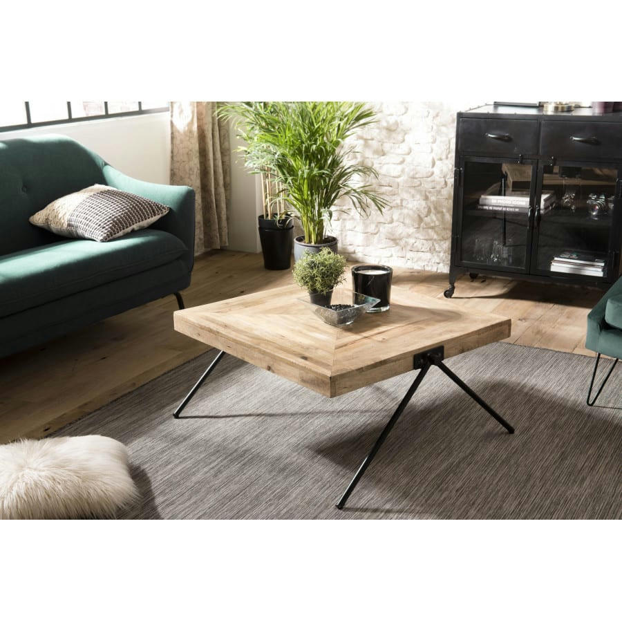 ROBIN - Table basse carrée bois manguier pieds métal noir compas L87