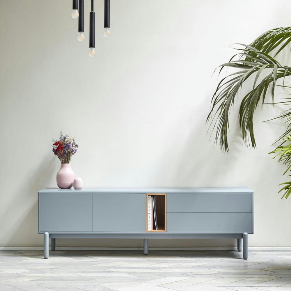 CORVO - Meuble tv 2 portes 2 tiroirs en bois L180cm gris clair