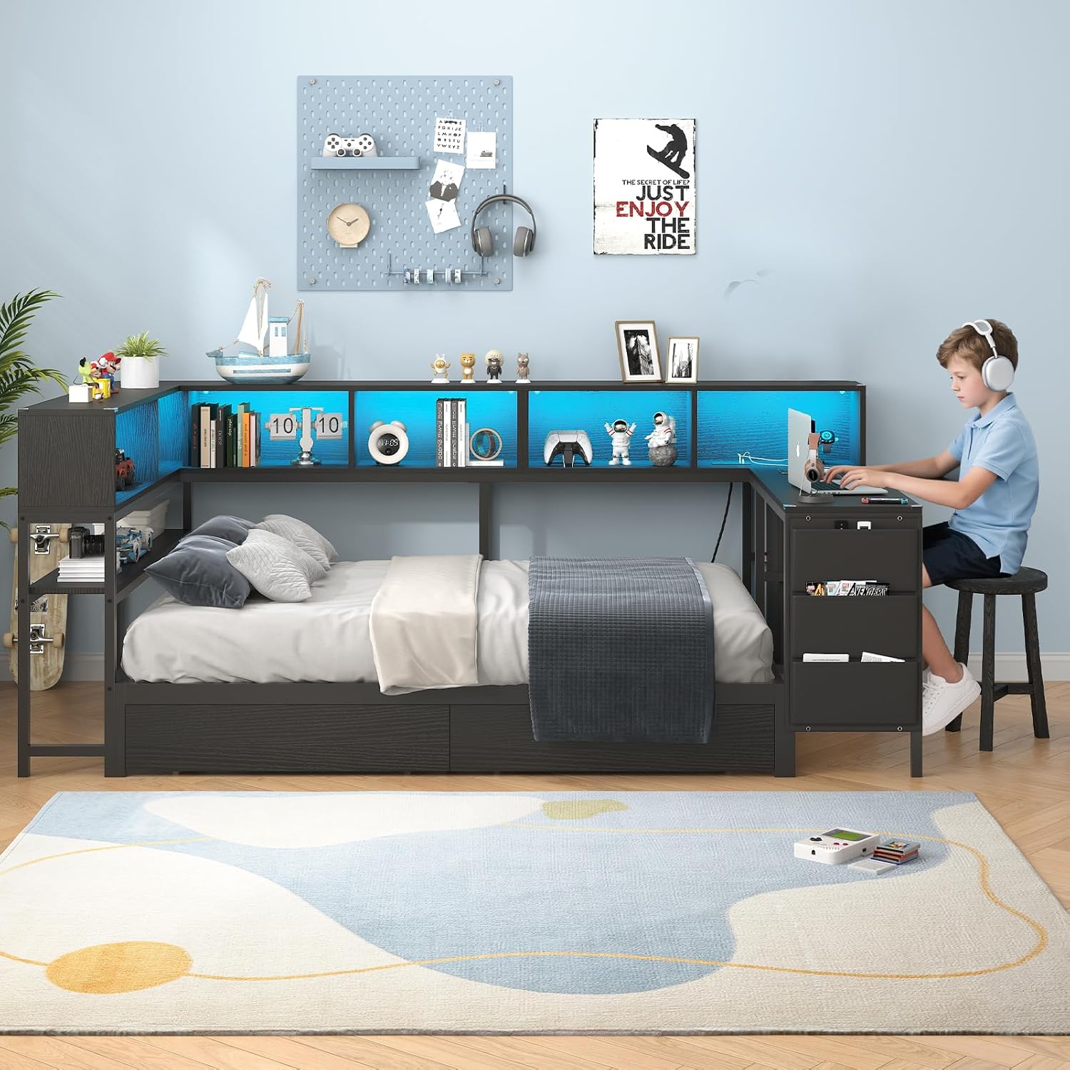 Hasuit Twin Corner Bed with Desk and Storage Bookcase, Daybed with 2 Drawers & 2 Storage Bins, Twin Size Platform Bed Frame with Charging Station and LED Light, Modern Teenagers Bedframe, Black