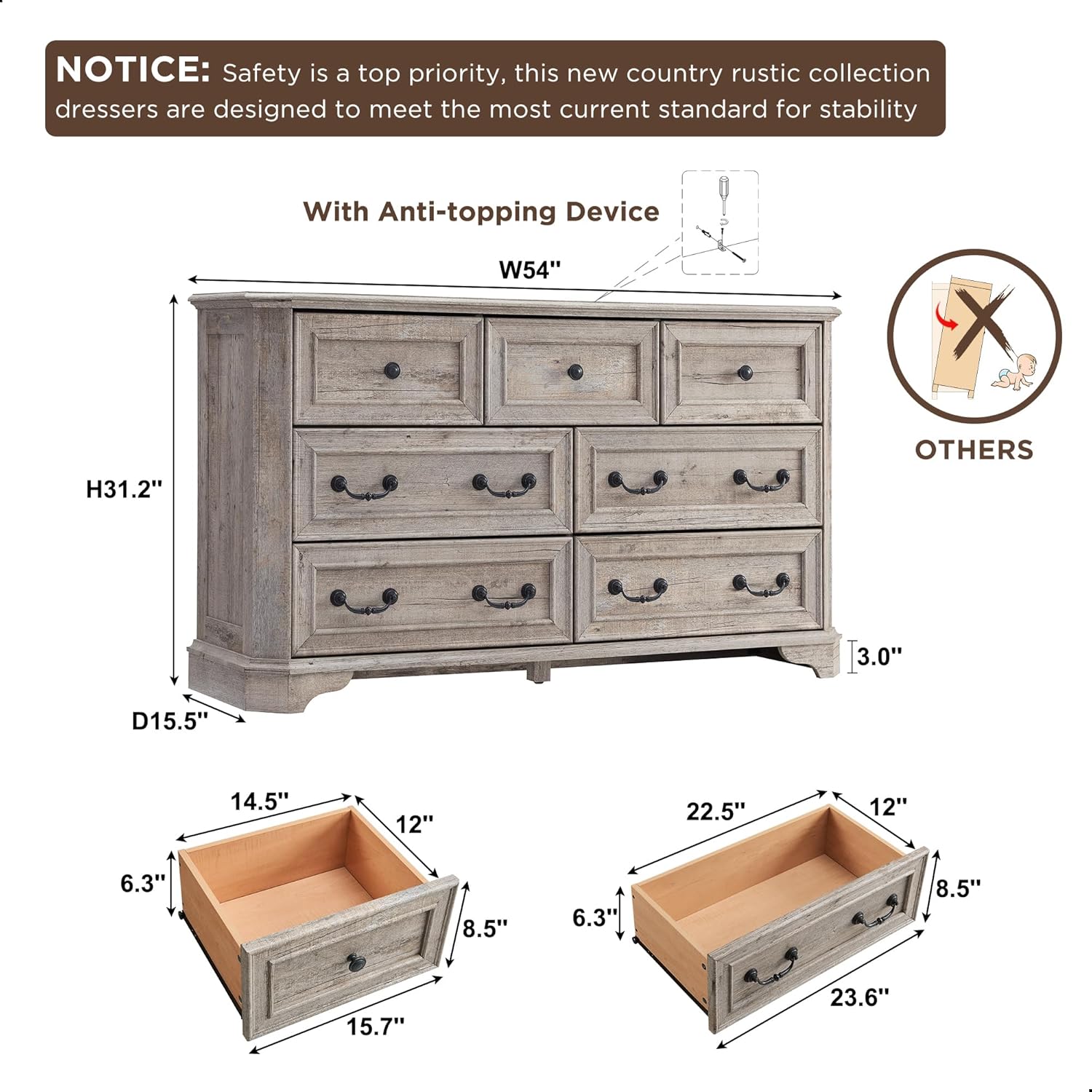 T4TREAM Farmhouse 7 Drawers Dresser for Bedroom, 54 Wide Wood Rustic Chest of Drawers with Natural Texture, Vintage Design, Storage Dressers Organizer for Bedroom, Living Room Light Rustic Oak