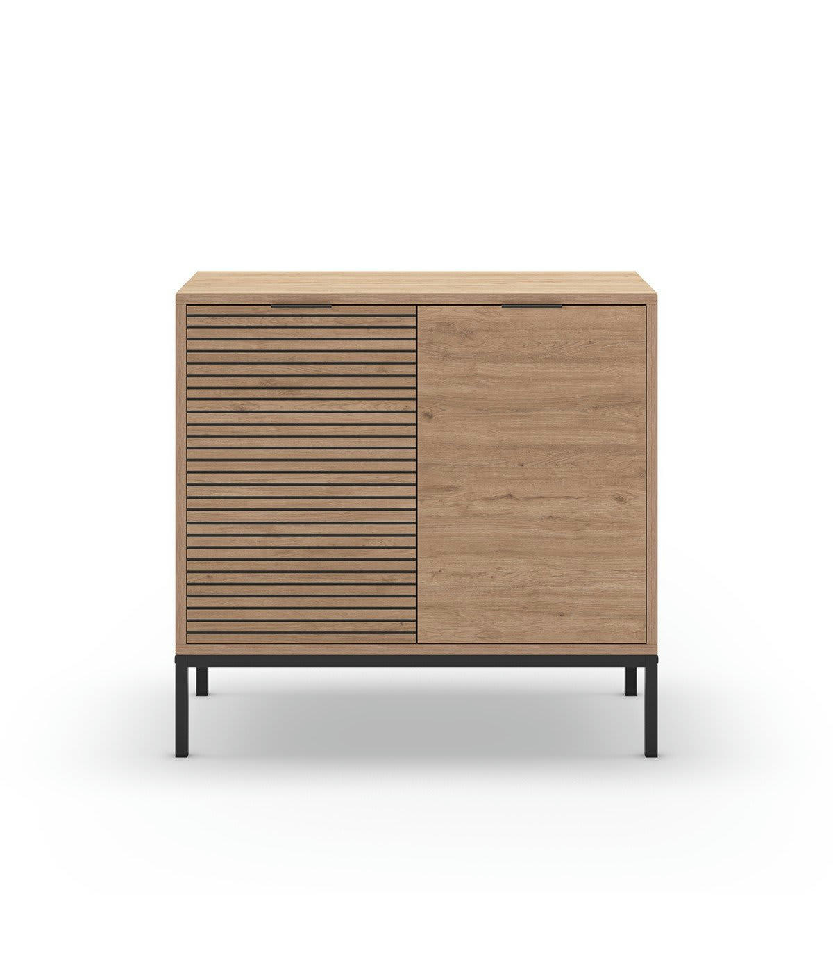 ARIEL - Petit buffet 2 portes dcor chêne, rainures noires - L80 cm