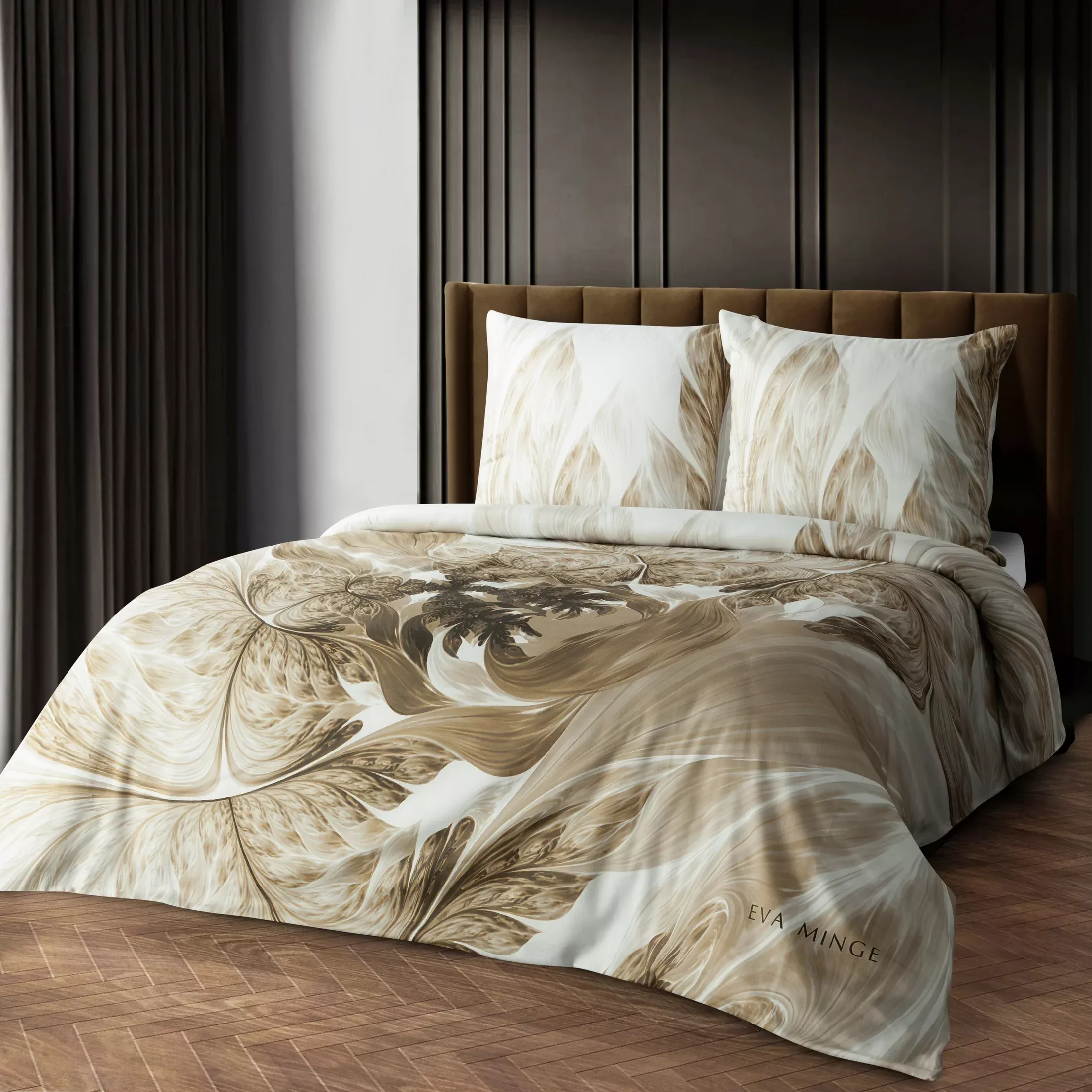 Pościel bawełniana z makosatyny 220x200 cm komplet 3 częściowy kolor biały, beżowy z designerskim nadrukiem NOAH Eva Minge