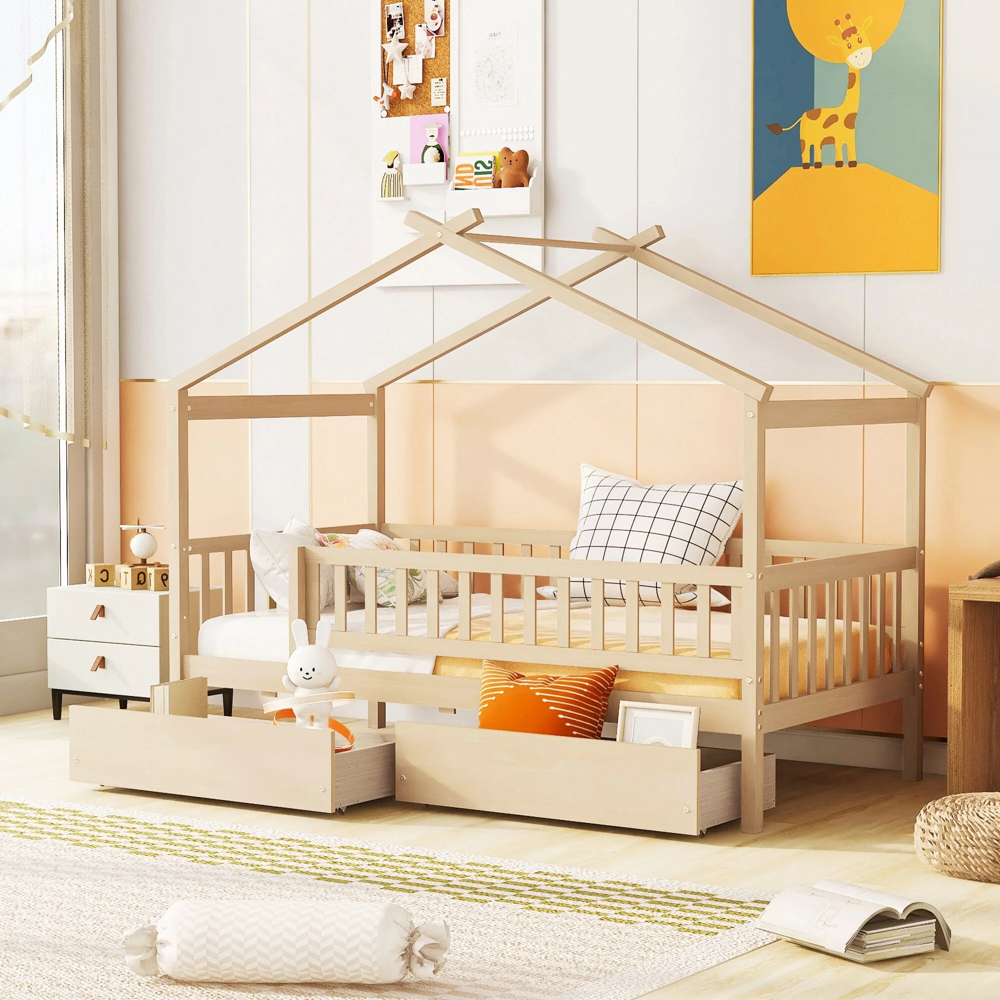 Wooden Twin Size House Bed with Roof, Guardrail and Drawers