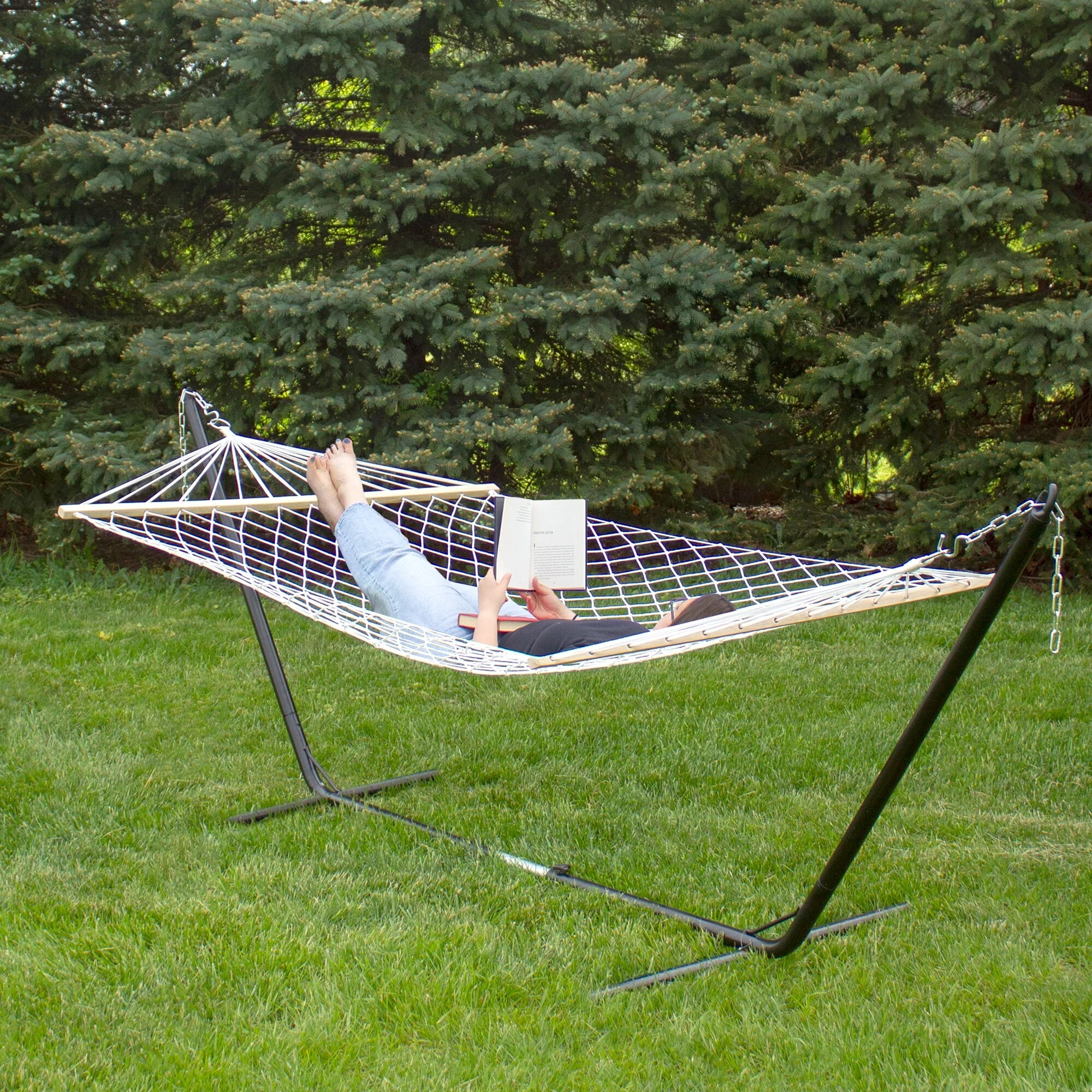 Lattice Pattern Rope Hammock with Wooden Bars - 78 x 55 - White - 78 x 55