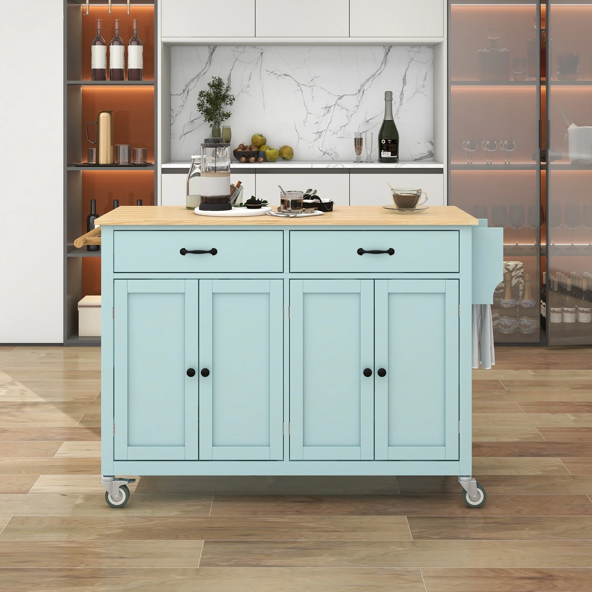 Kitchen Island Cart on Wheels with Solid Wood Top, Moveable Island Table with Adjustable Shelves, 4-Door Cabinet & 2 Drawers