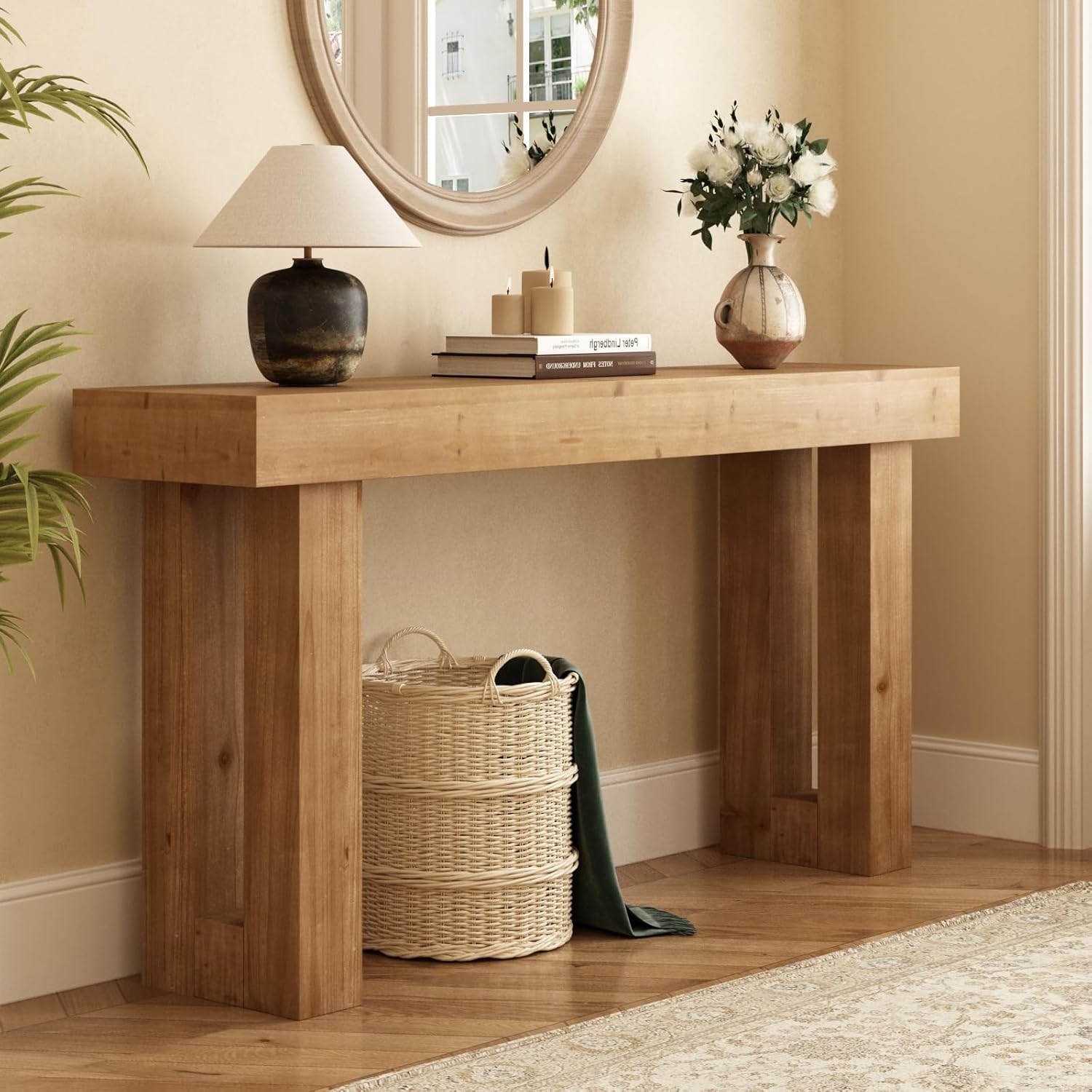 Solid Wood Entryway Table, 59-Inch Long Farmhouse Console Tables, Rectangular Behind Couch Table, Wooden Sofa Tables for Hallway, Entrance, Foyer, Living Room
