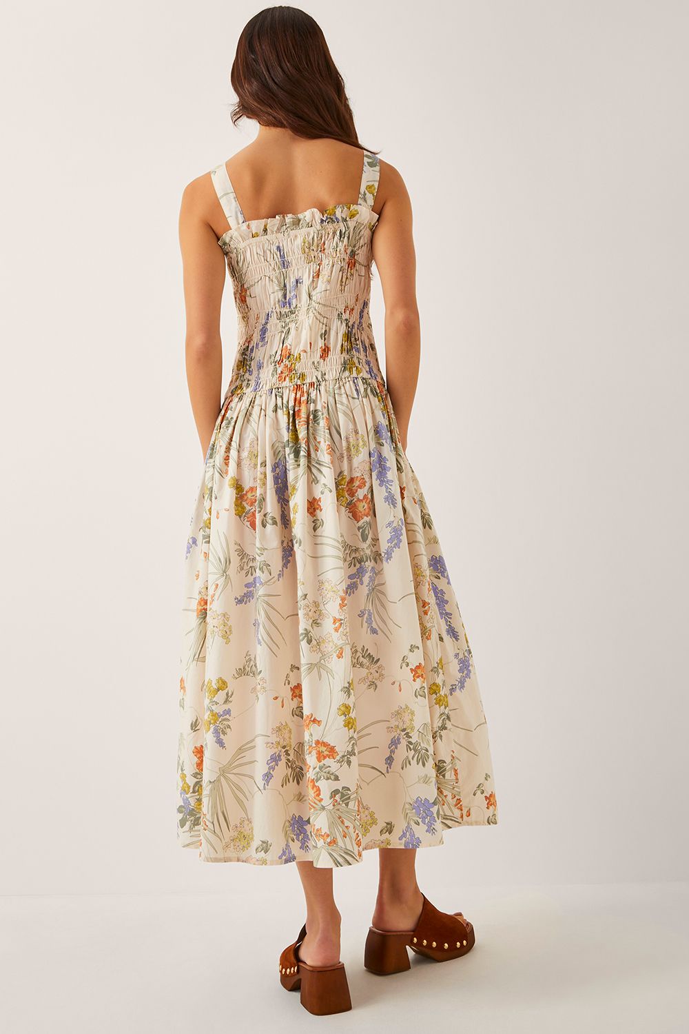 Monsoon Jesse Floral Shirred Midi Dress Ivory