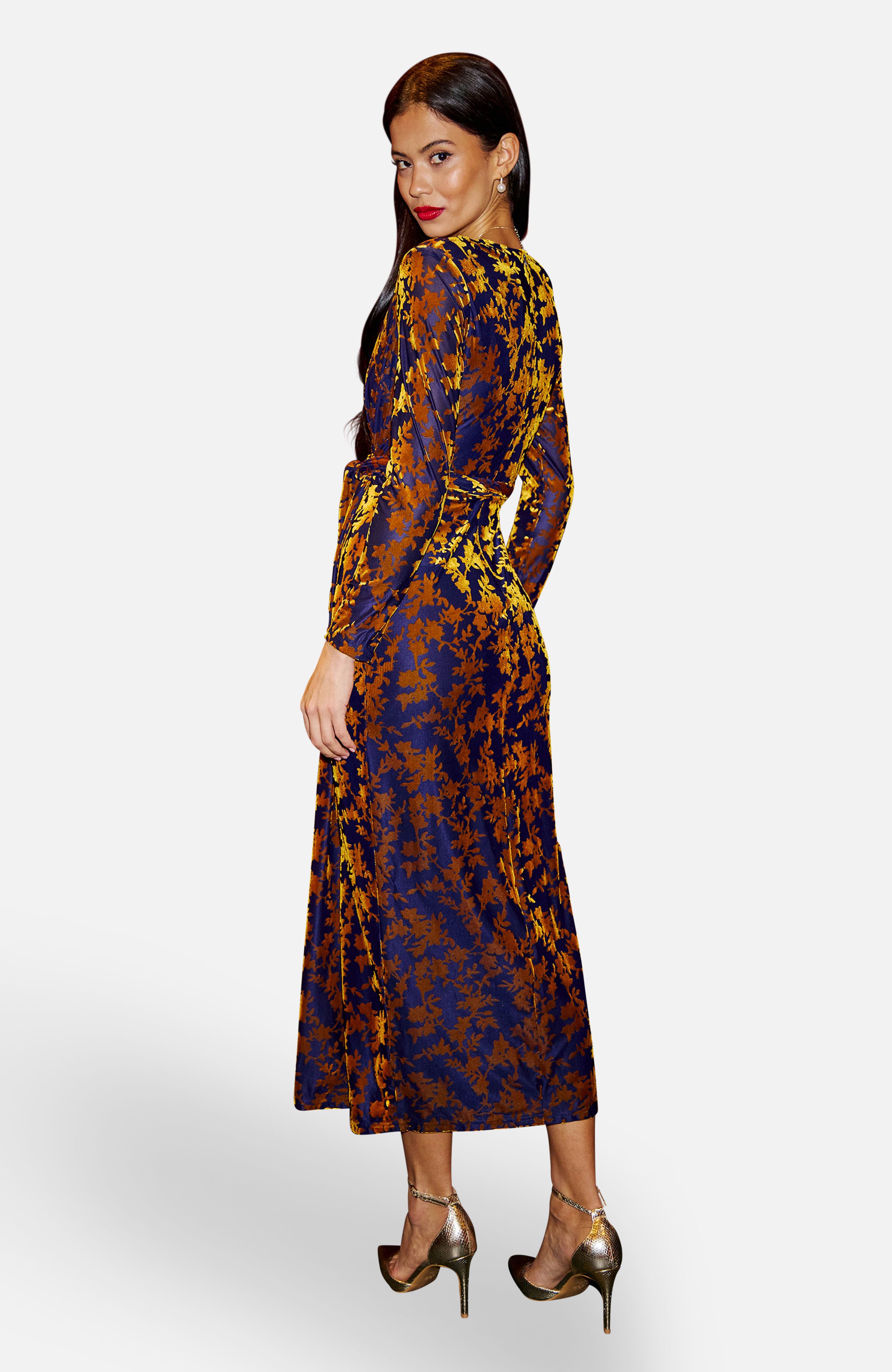 Yumi Multi-Coloured Velour Stretch Midi Dress With Long Sleeves