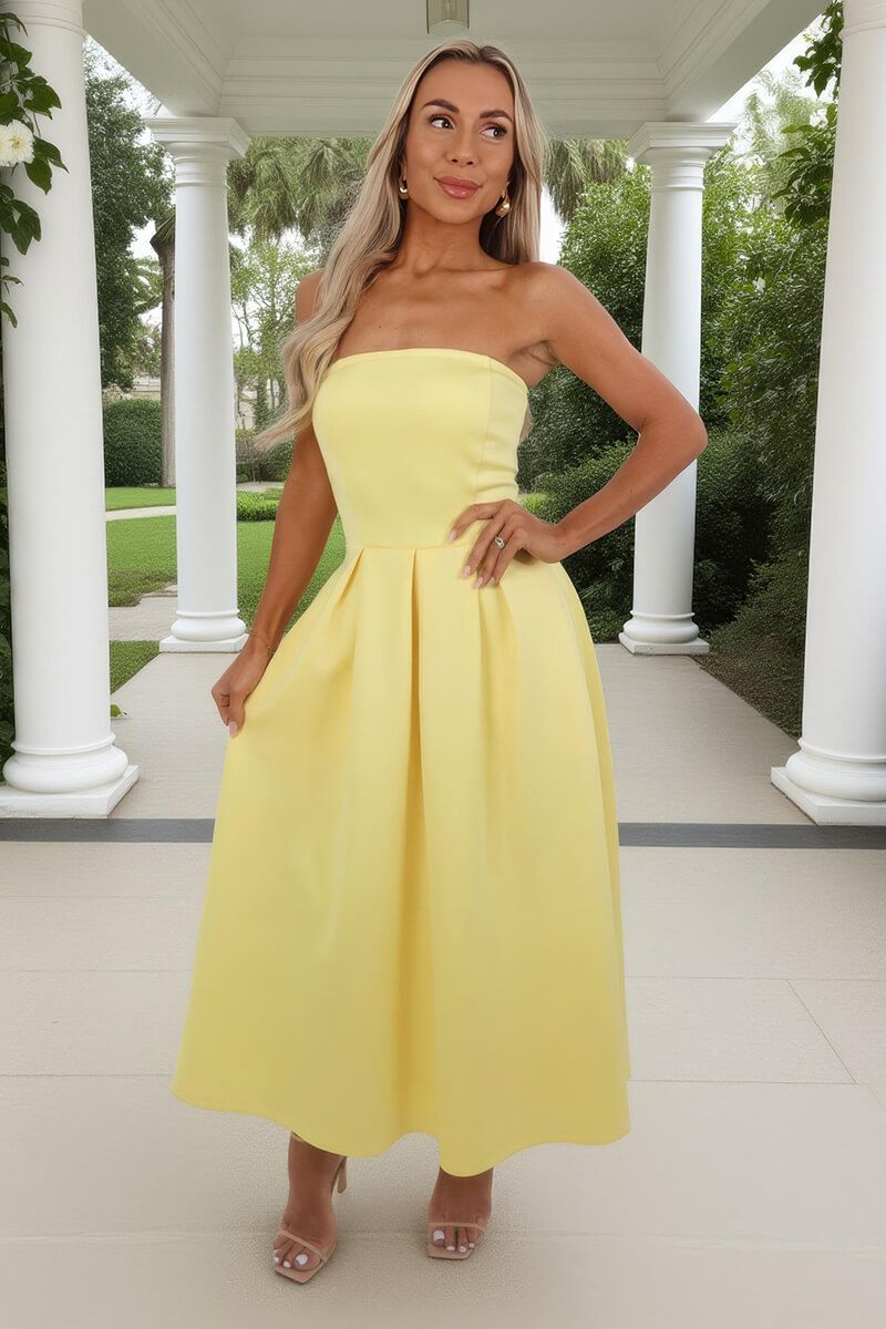 AX Paris Soft Yellow Bandeau A-Line Skirt Midi Dress