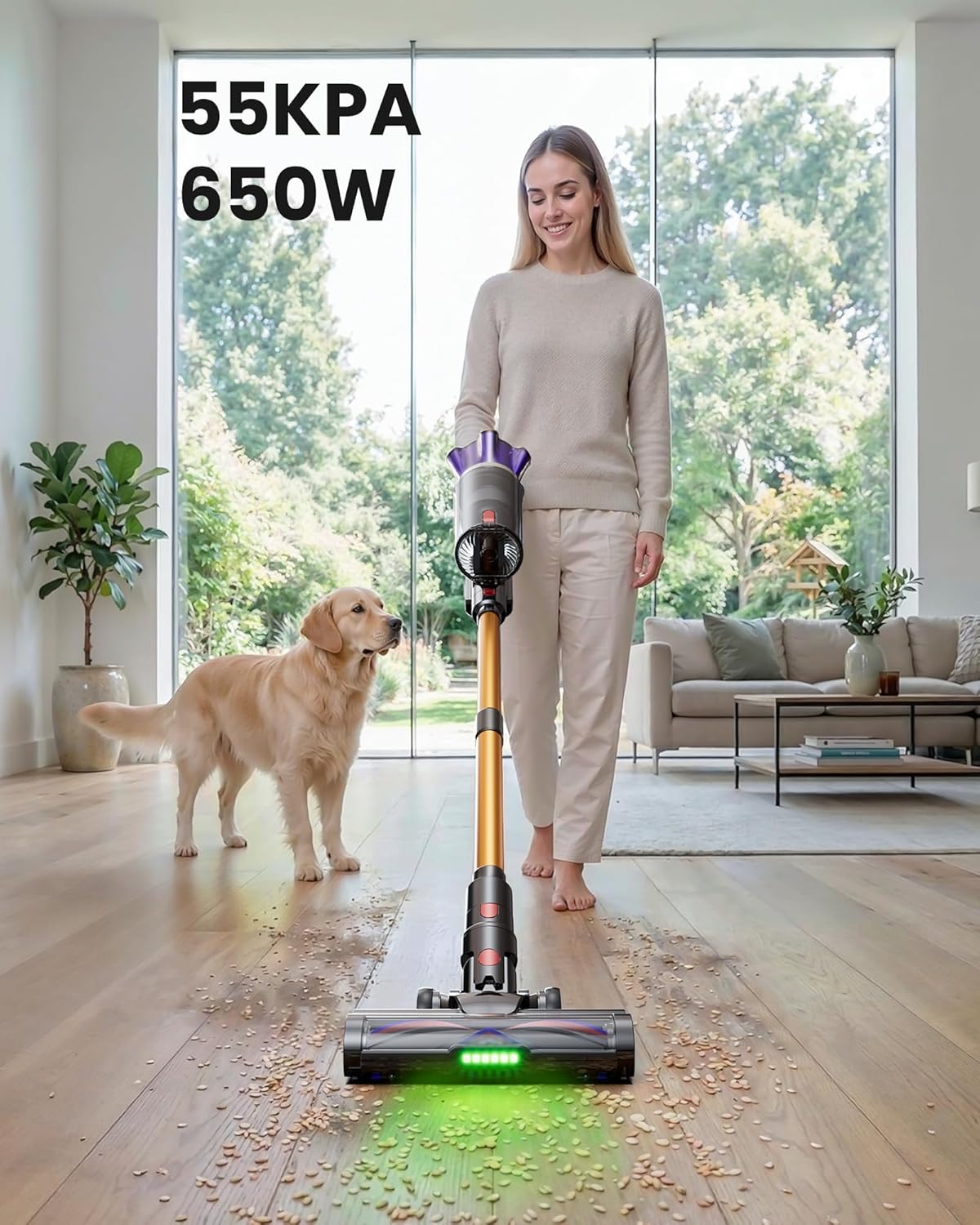Cordless Vacuum Cleaner, 650W 55Kpa 70Mins Cordless Stick Vacuum with Hurricane Mode, 1.8L Cup, Anti-Tangle Vacuum Cordless, Self-Standing Vacuum Cleaners for Home Pet Hair Carpets