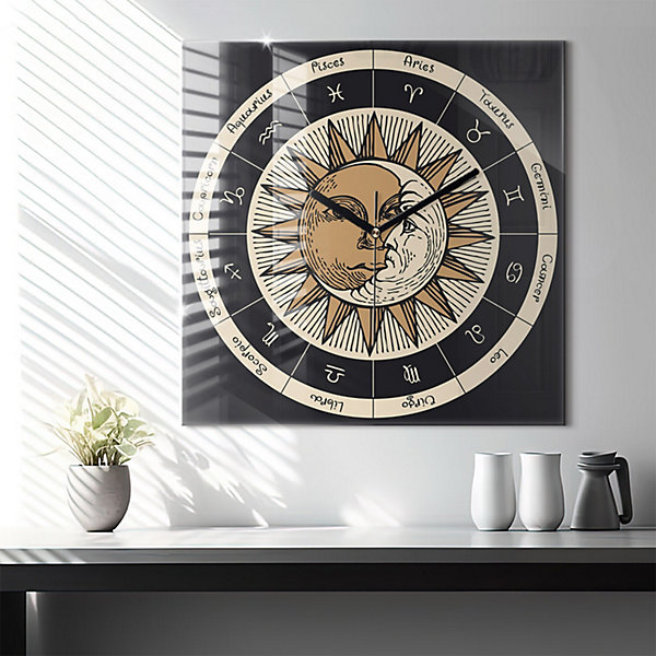 Horloge murale Wallfluent 60x60 cm Aiguilles noires Soleil et signes du zodiaque 1 pcs